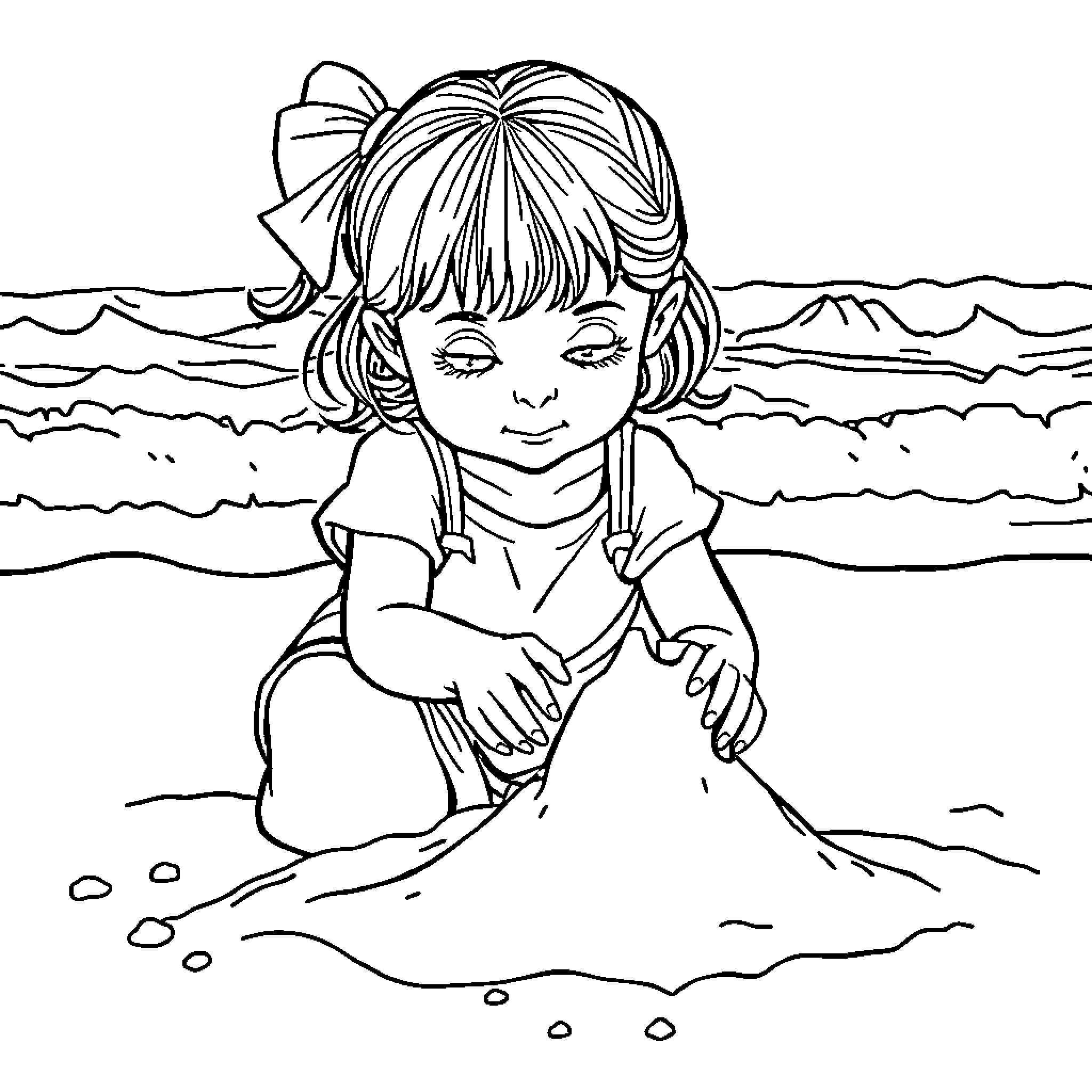 Girl playing in the sand at the beach Coloring Page (free black-and-white line drawing printable PDF for all, from beginners to advanced learners, including children, teens, adults, and seniors)