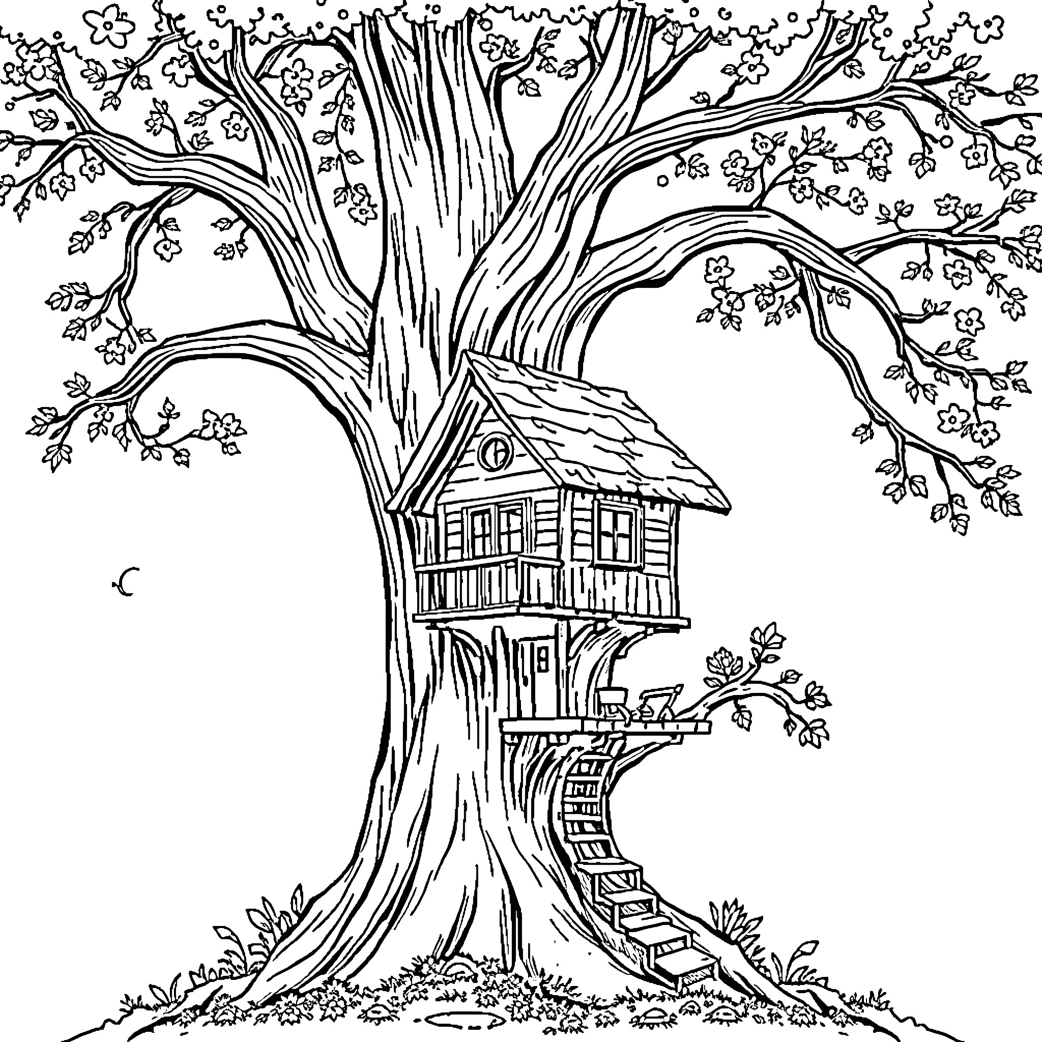 Tree House with Elaborate Branches and Stairs Coloring Page (free black-and-white line drawing printable PDF for all, from beginners to advanced learners, including children, teens, adults, and seniors)