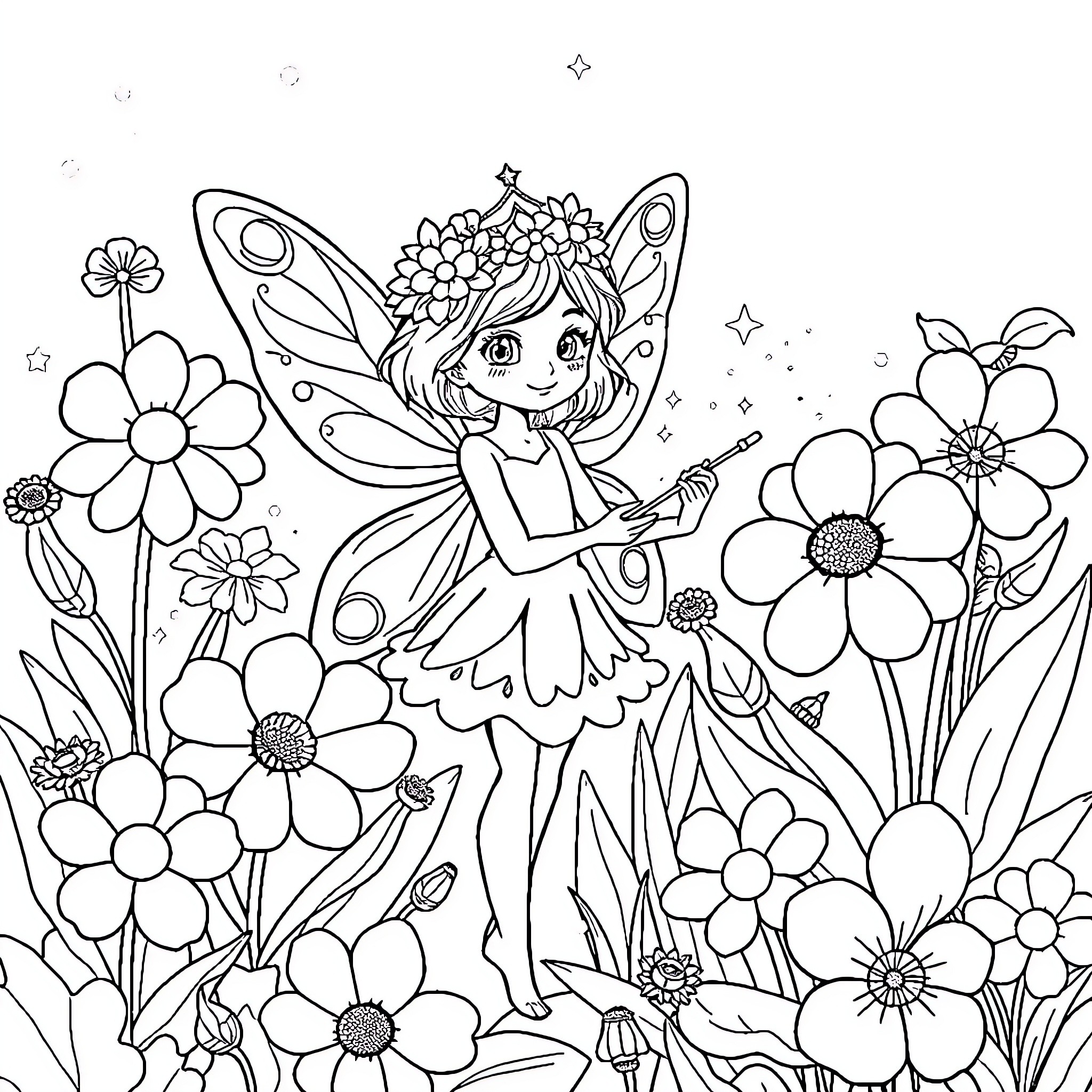 Fairy playing amidst blooming flowers Coloring Page (free black-and-white line drawing printable PDF for all, from beginners to advanced learners, including children, teens, adults, and seniors)