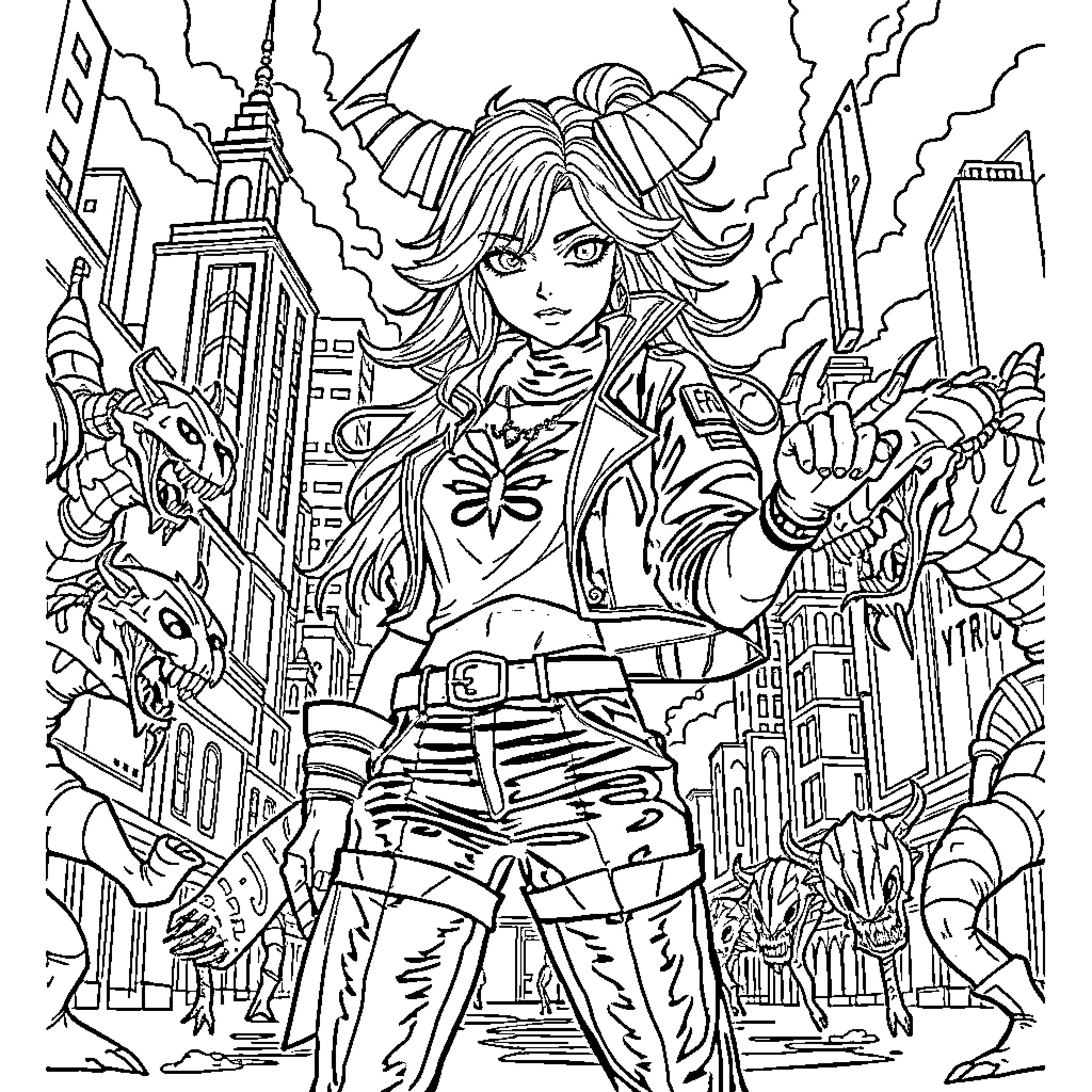 Deamon Girl Wielding Powerful Forces in Chaotic City Coloring Page (free black-and-white line drawing printable PDF for all, from beginners to advanced learners, including children, teens, adults, and seniors)
