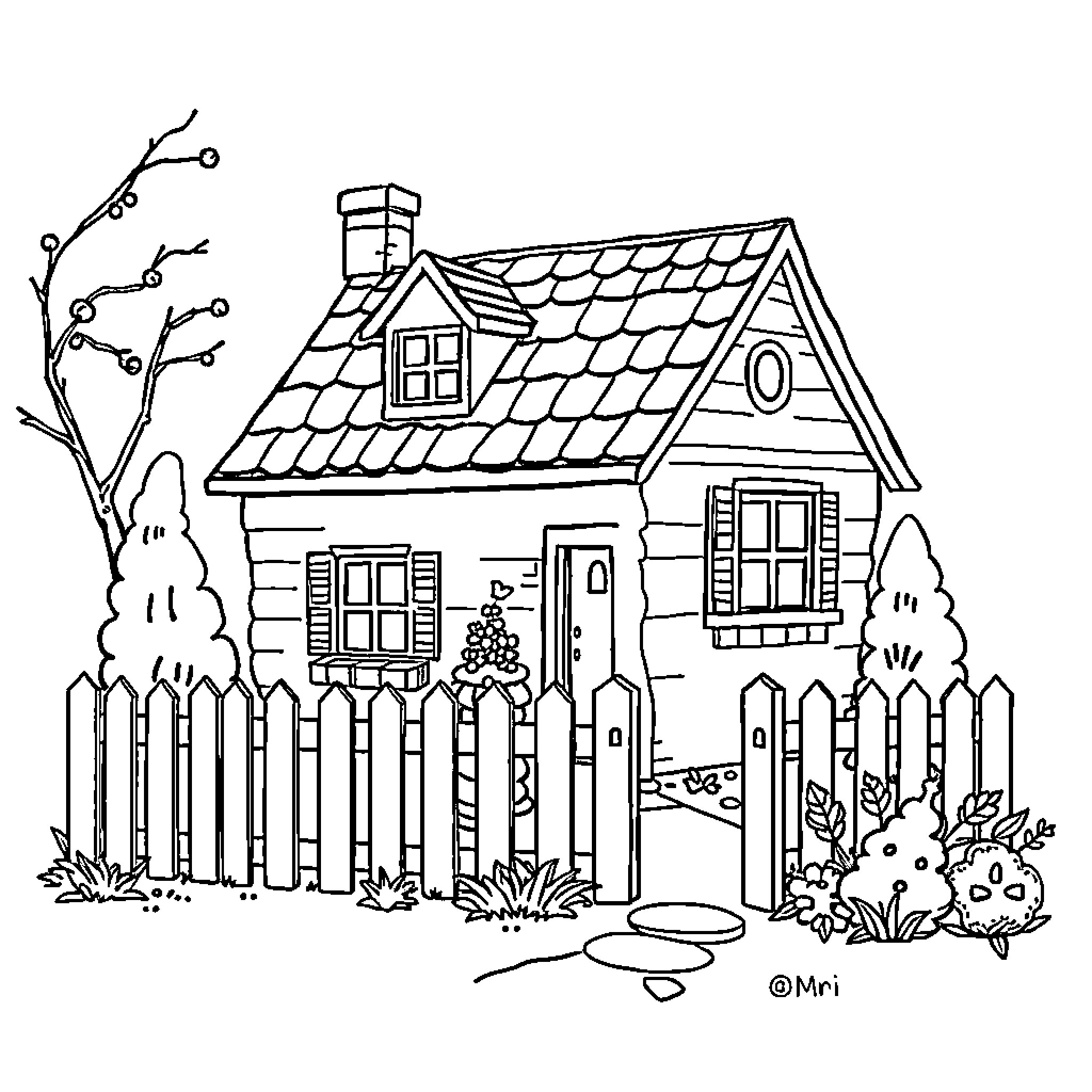 House with charming rural scenery Coloring Page (free black-and-white line drawing printable PDF for all, from beginners to advanced learners, including children, teens, adults, and seniors)
