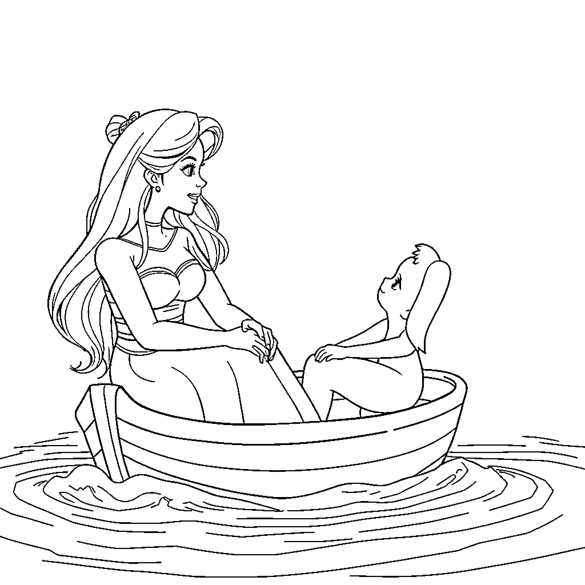Arial woman relaxing in boat on lake Coloring Page (free black-and-white line drawing printable PDF for all, from beginners to advanced learners, including children, teens, adults, and seniors)