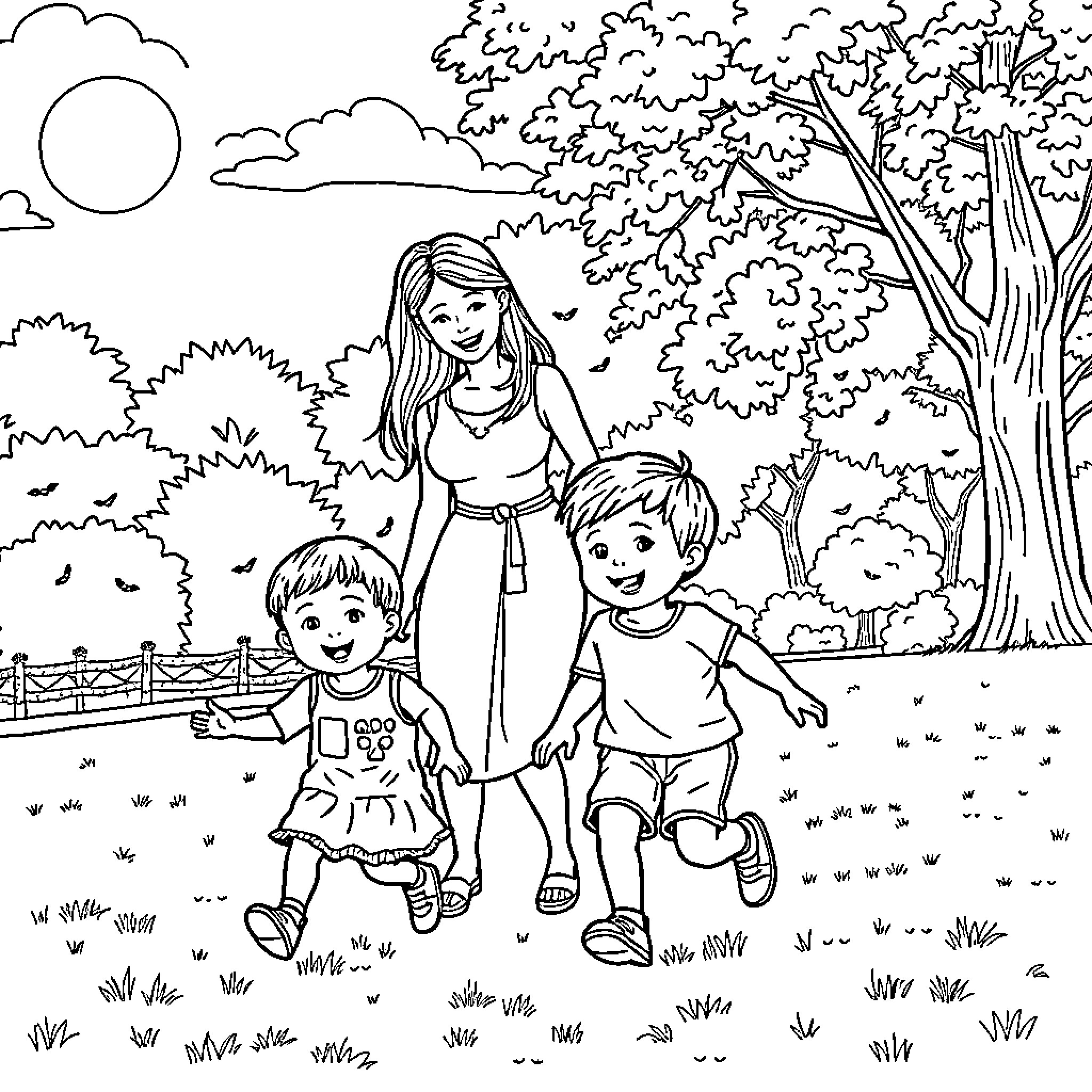 Kid Siblings Exploring Nature Together Coloring Page (free black-and-white line drawing printable PDF for all, from beginners to advanced learners, including children, teens, adults, and seniors)