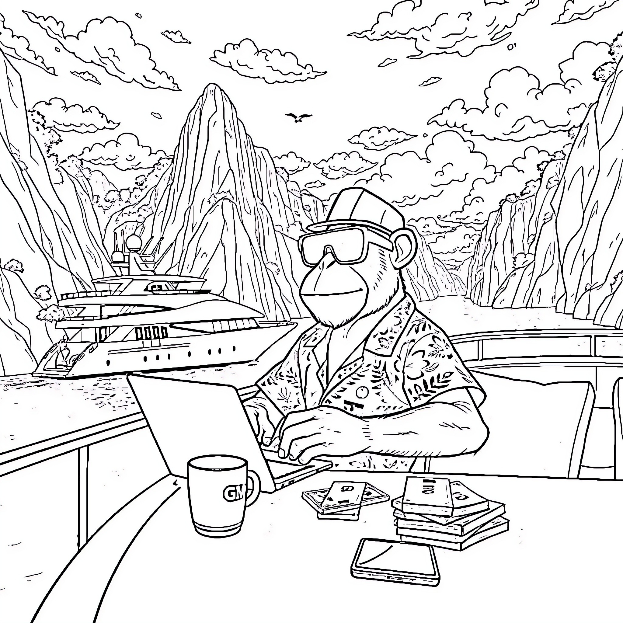 Ape enjoying a technological adventure in the mountains Coloring Page (free black-and-white line drawing printable PDF for all, from beginners to advanced learners, including children, teens, adults, and seniors)