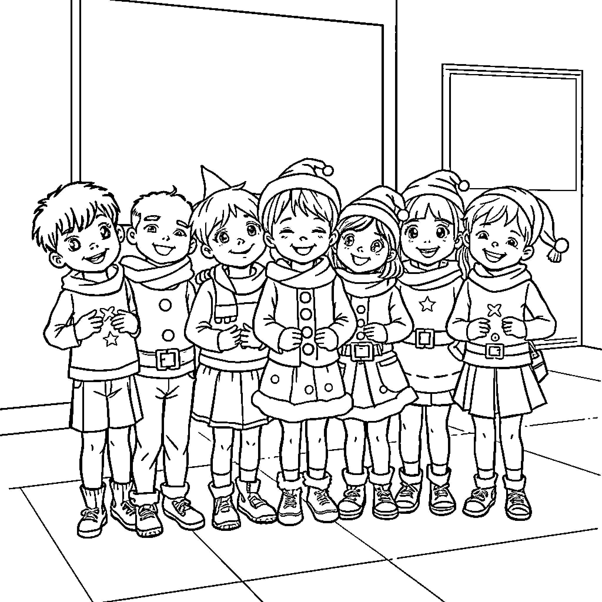 Vestido de personagens infantis em posição de grupo Coloring Page (free black-and-white line drawing printable PDF for all, from beginners to advanced learners, including children, teens, adults, and seniors)