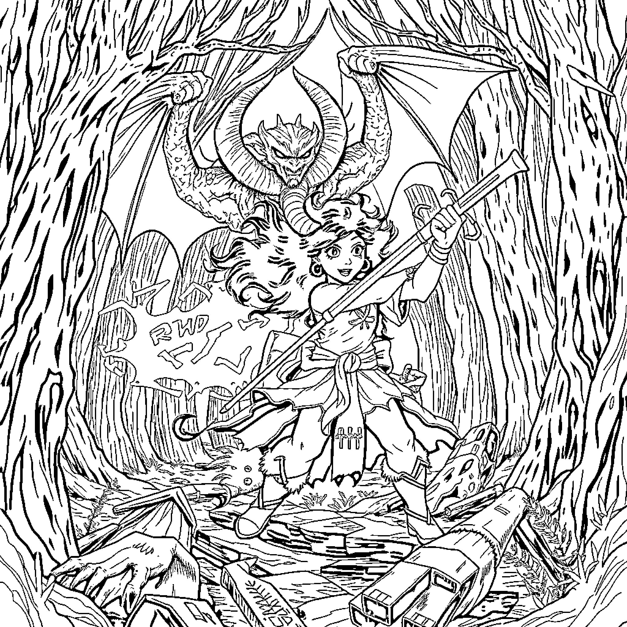 Rumi's Fantastical Adventure in the Enchanted Forest Coloring Page (free black-and-white line drawing printable PDF for all, from beginners to advanced learners, including children, teens, adults, and seniors)