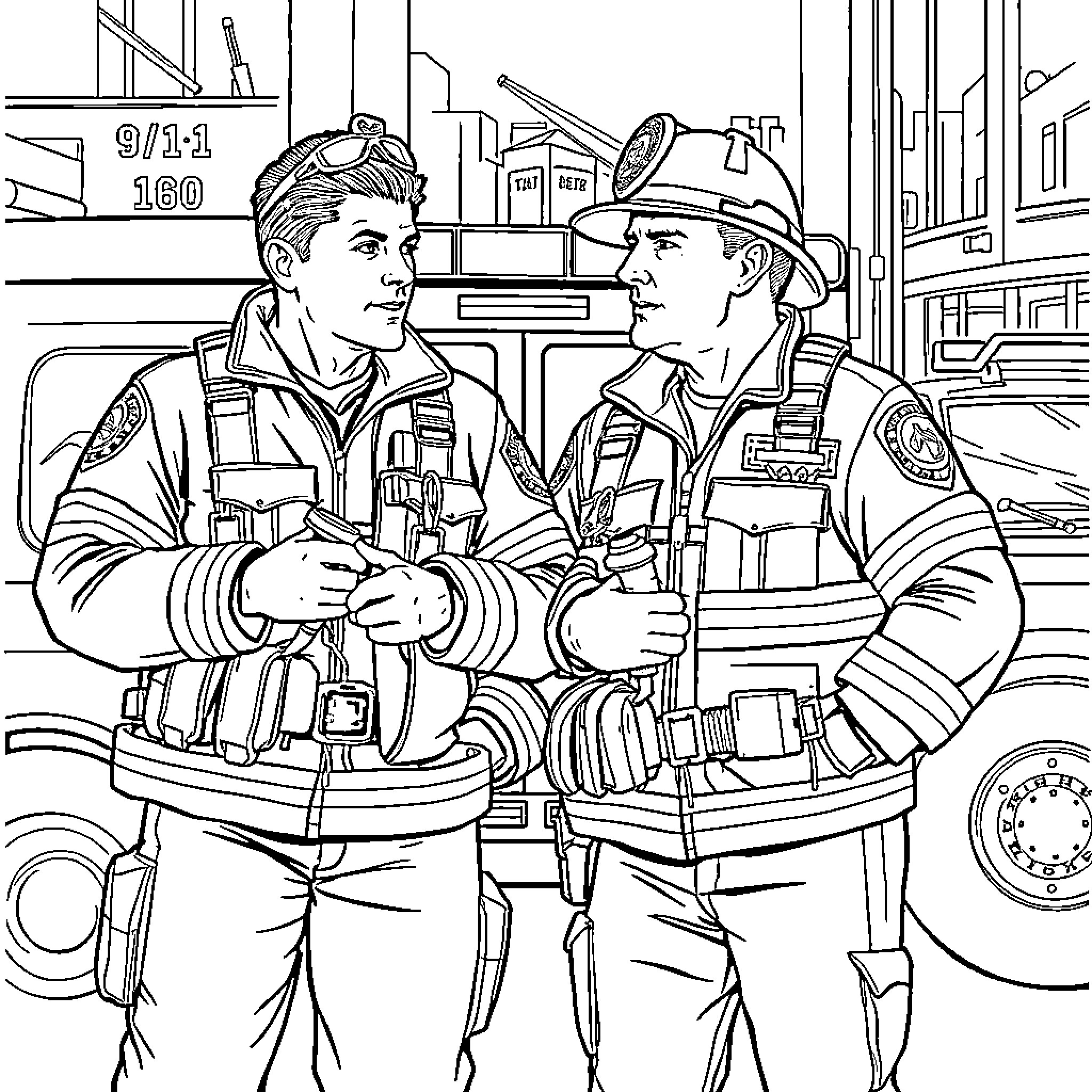 Buck and Eddie's Firefighter Camaraderie Coloring Page (free black-and-white line drawing printable PDF for all, from beginners to advanced learners, including children, teens, adults, and seniors)