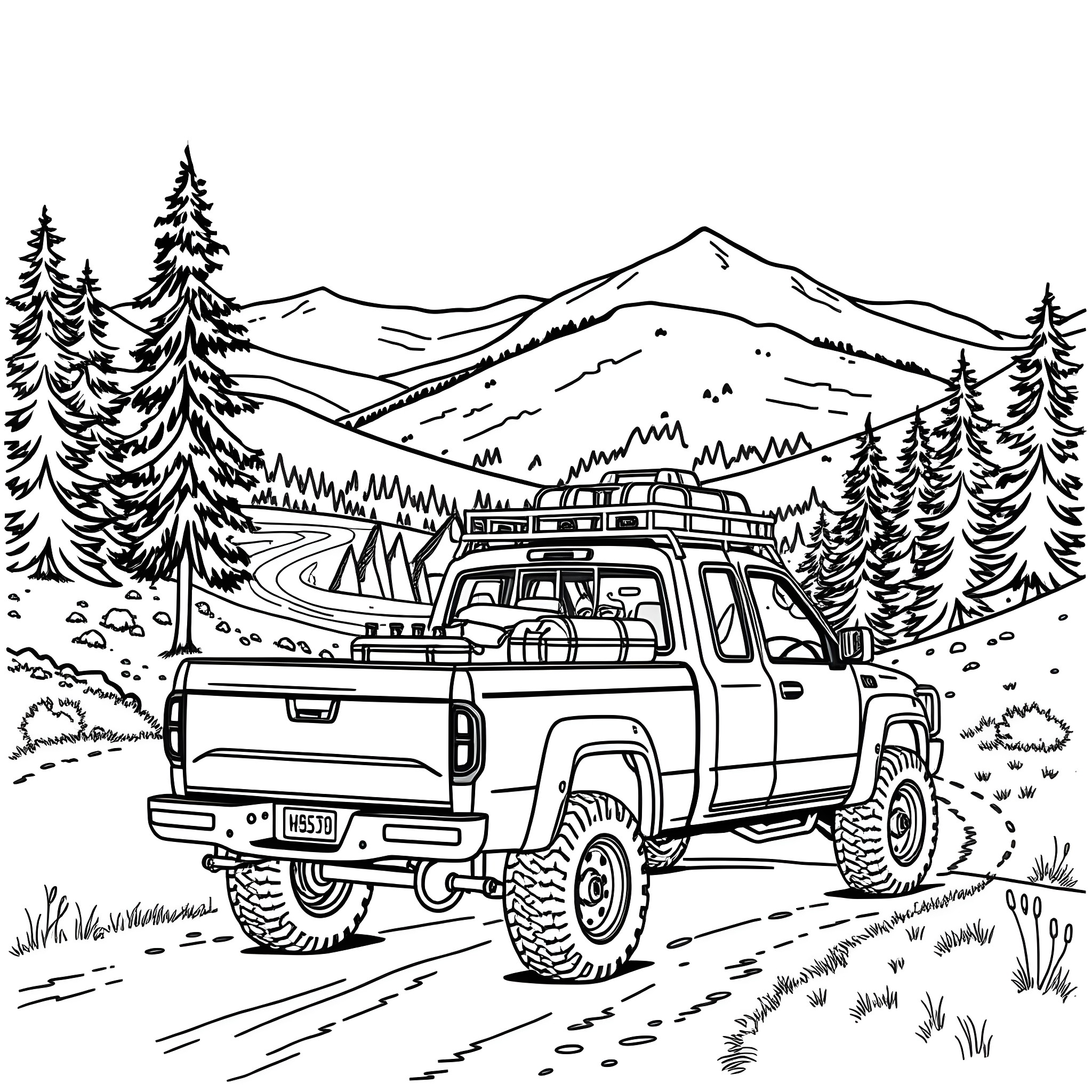 Pick Up Truck Exploring Scenic Mountain Landscape Coloring Page (free black-and-white line drawing printable PDF for all, from beginners to advanced learners, including children, teens, adults, and seniors)