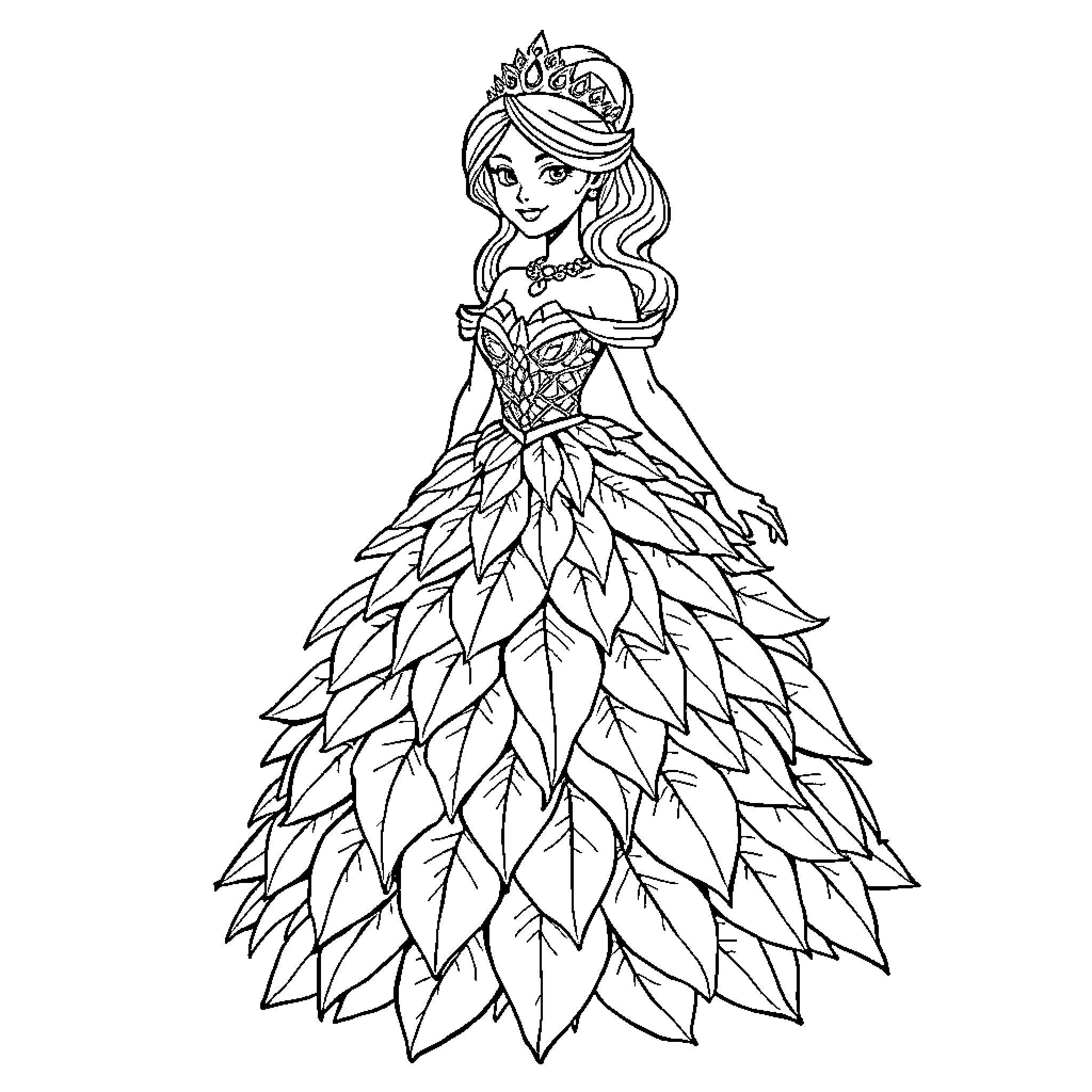Princess in Elaborate Gown Posing Gracefully Coloring Page (free black-and-white line drawing printable PDF for all, from beginners to advanced learners, including children, teens, adults, and seniors)