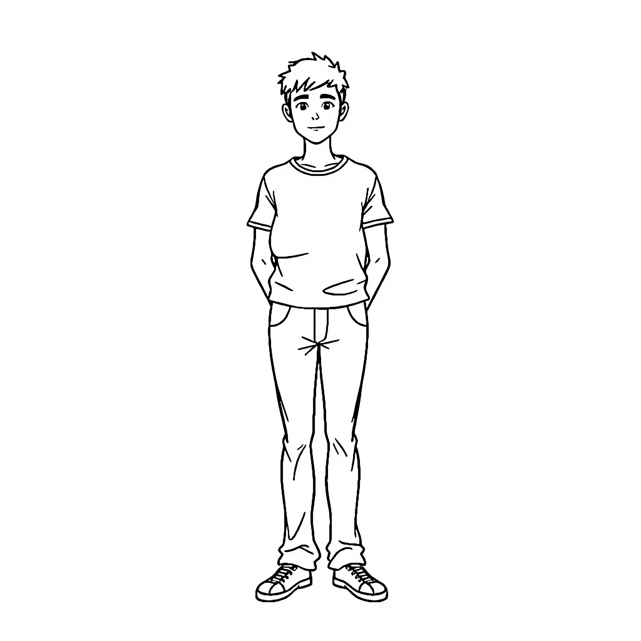Sober young man standing with hands in pockets Coloring Page (free black-and-white line drawing printable PDF for all, from beginners to advanced learners, including children, teens, adults, and seniors)