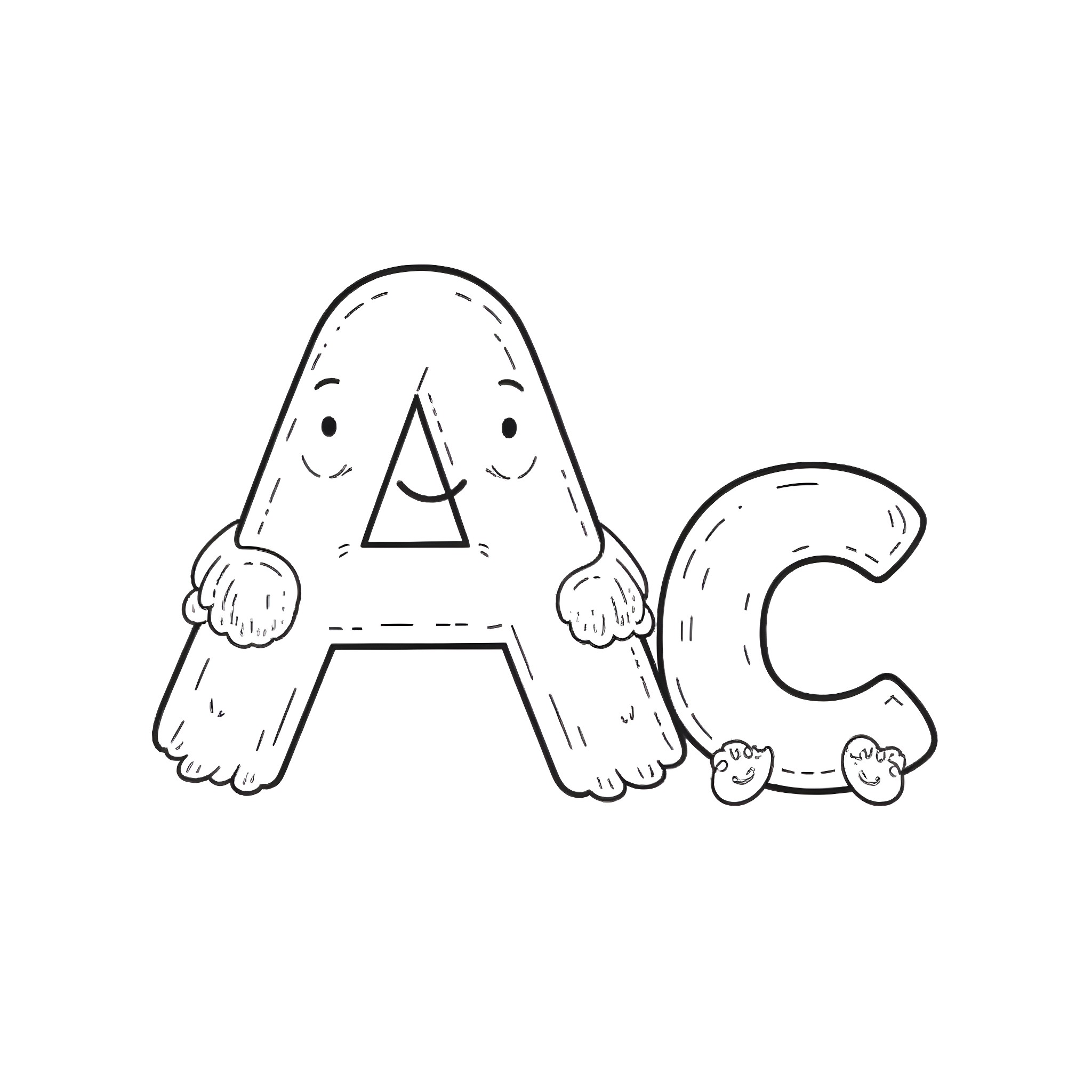 Blue Friendly Letter Characters Coloring Page (free black-and-white line drawing printable PDF for all, from beginners to advanced learners, including children, teens, adults, and seniors)