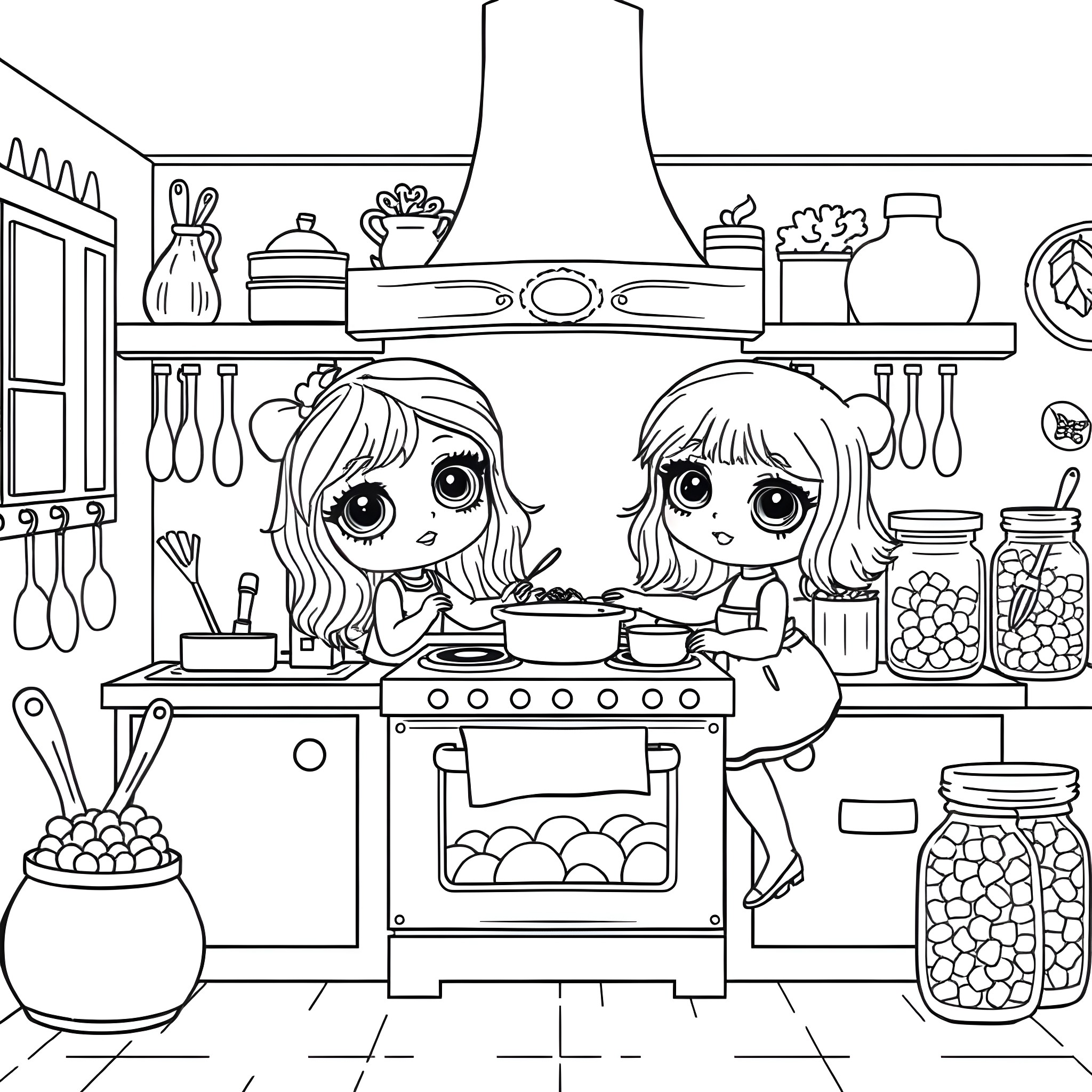 Doll girls cooking in the kitchen Coloring Page (free black-and-white line drawing printable PDF for all, from beginners to advanced learners, including children, teens, adults, and seniors)