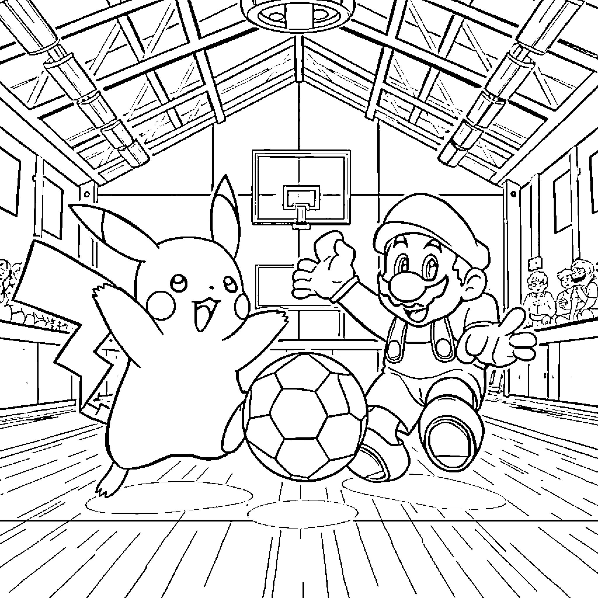 Pikachu and Mario playing soccer in a gym Coloring Page (free black-and-white line drawing printable PDF for all, from beginners to advanced learners, including children, teens, adults, and seniors)