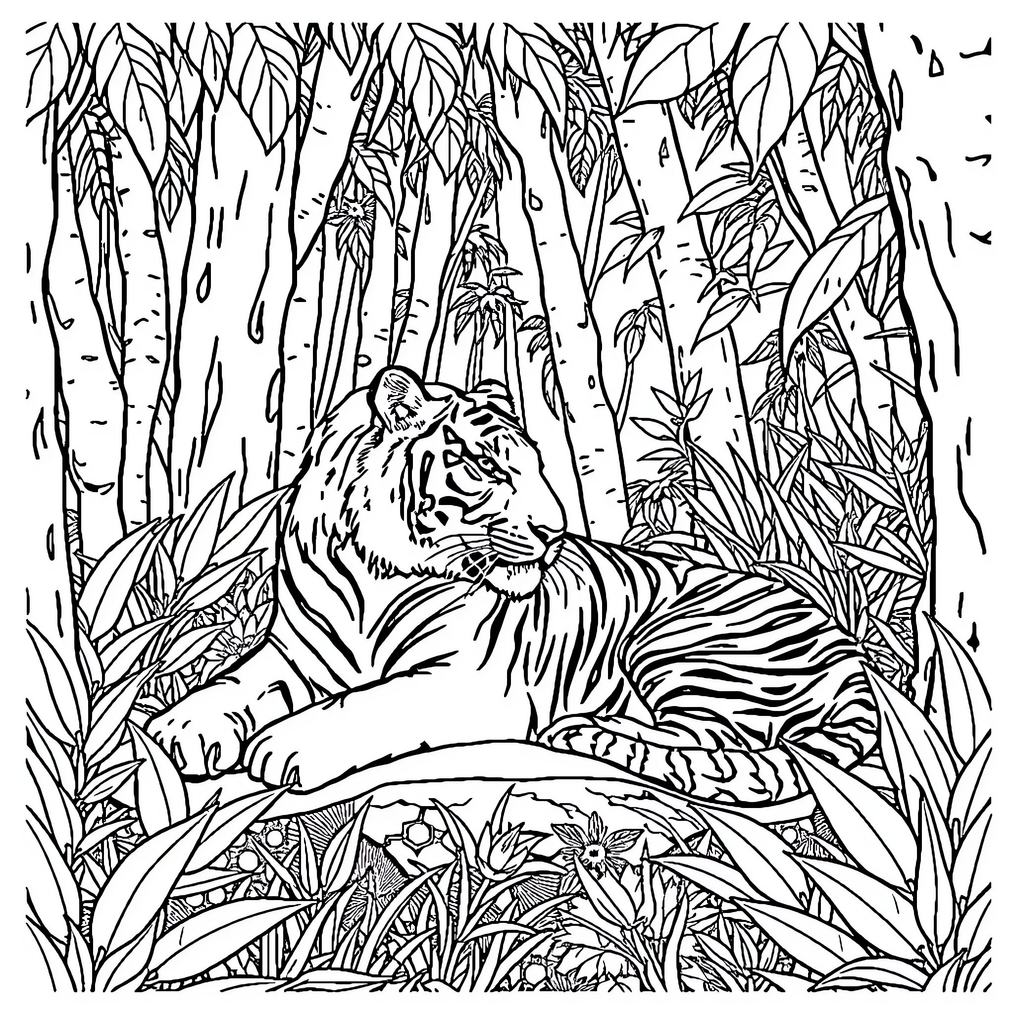 Tiger resting in lush jungle foliage Coloring Page (free black-and-white line drawing printable PDF for all, from beginners to advanced learners, including children, teens, adults, and seniors)