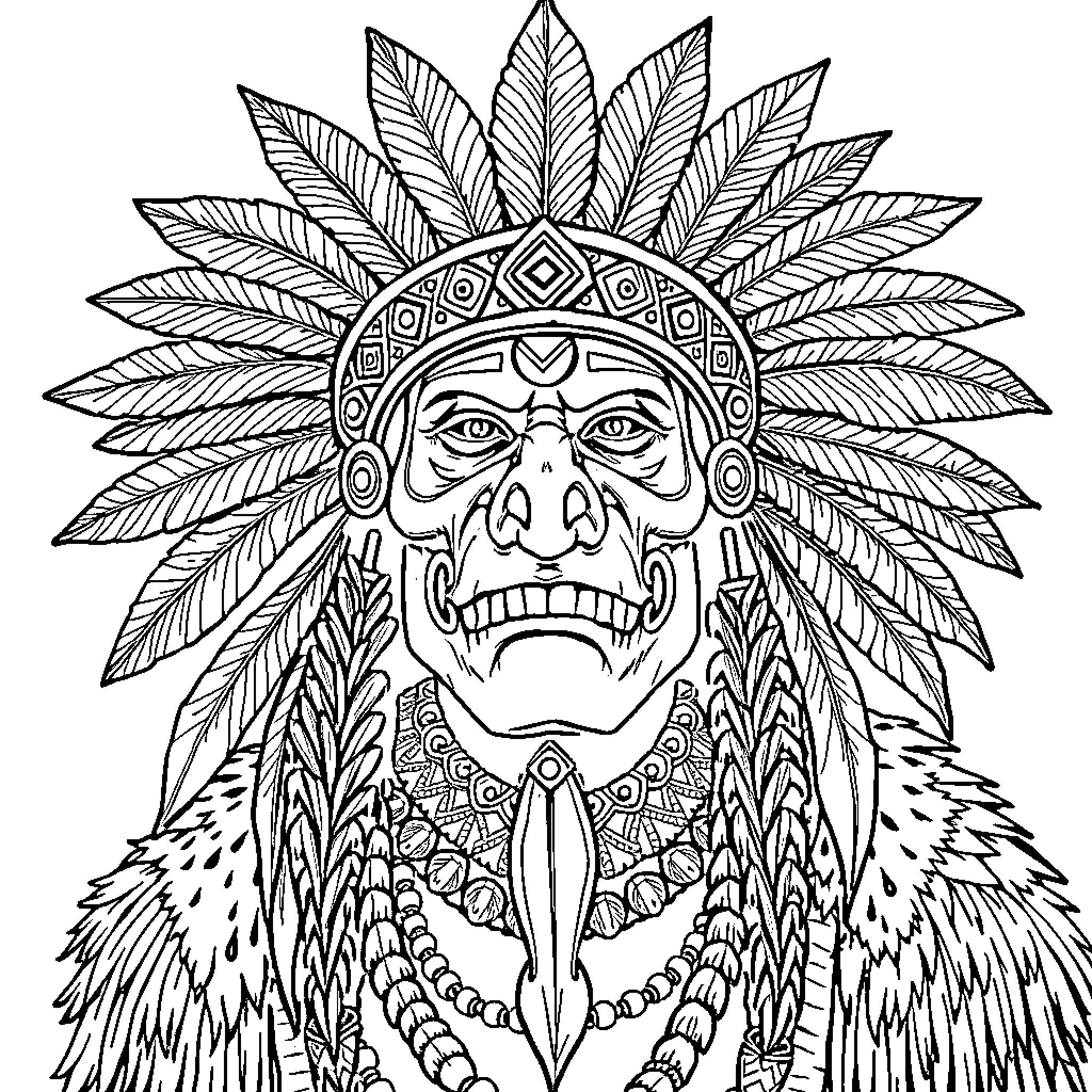 Craneo: Ornate Aztec Chief Mask with Feathered Headdress Coloring Page (free black-and-white line drawing printable PDF for all, from beginners to advanced learners, including children, teens, adults, and seniors)