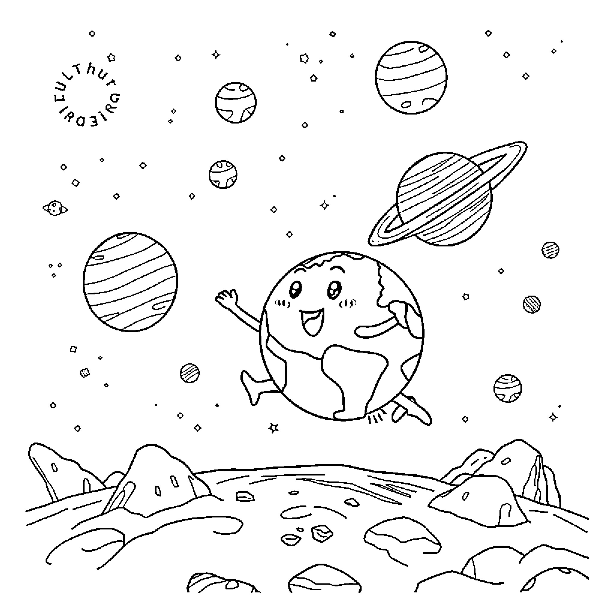 Earth exploring the cosmos with planets and stars Coloring Page (free black-and-white line drawing printable PDF for all, from beginners to advanced learners, including children, teens, adults, and seniors)
