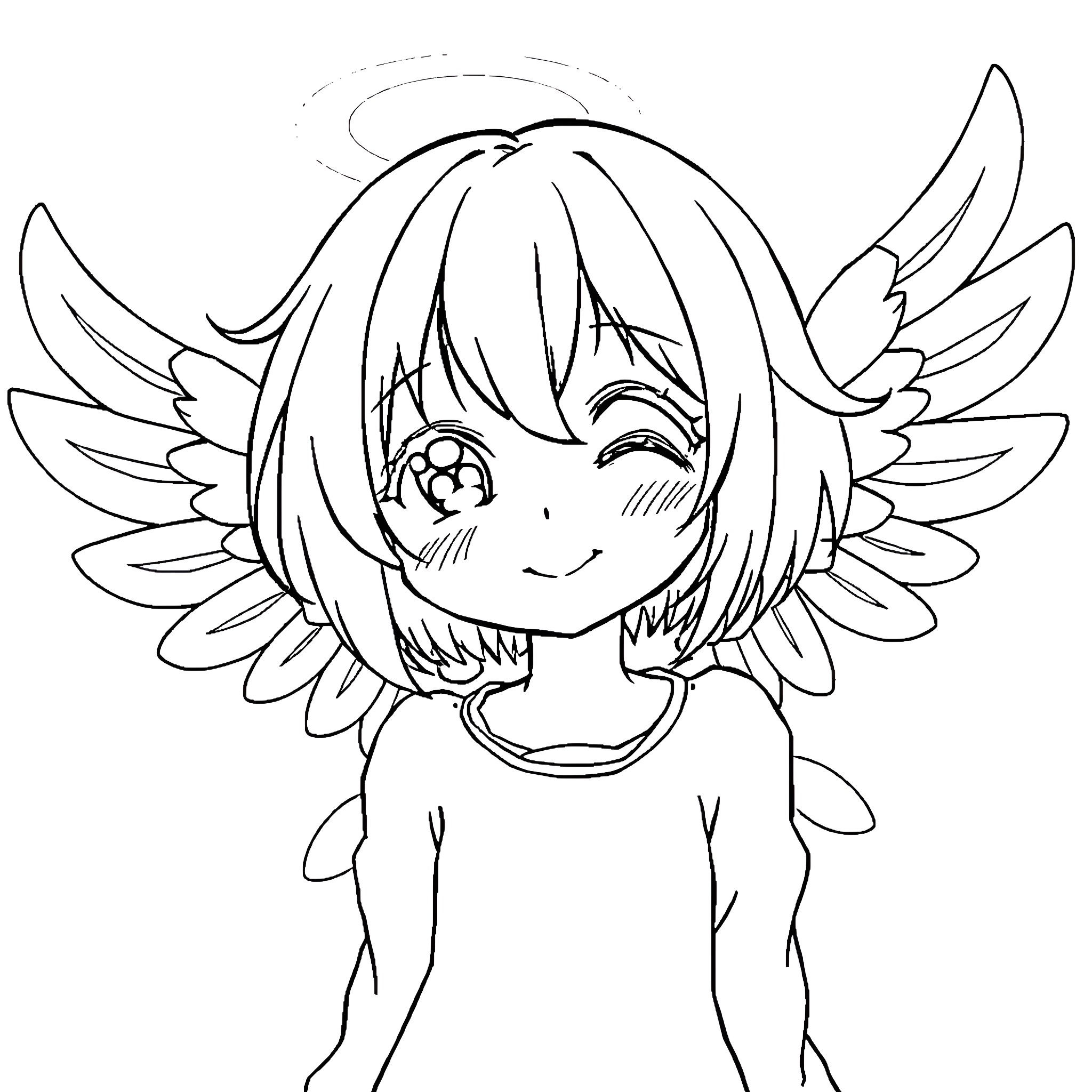 Anime Girl with Adorable Angel Wings Coloring Page (free black-and-white line drawing printable PDF for all, from beginners to advanced learners, including children, teens, adults, and seniors)