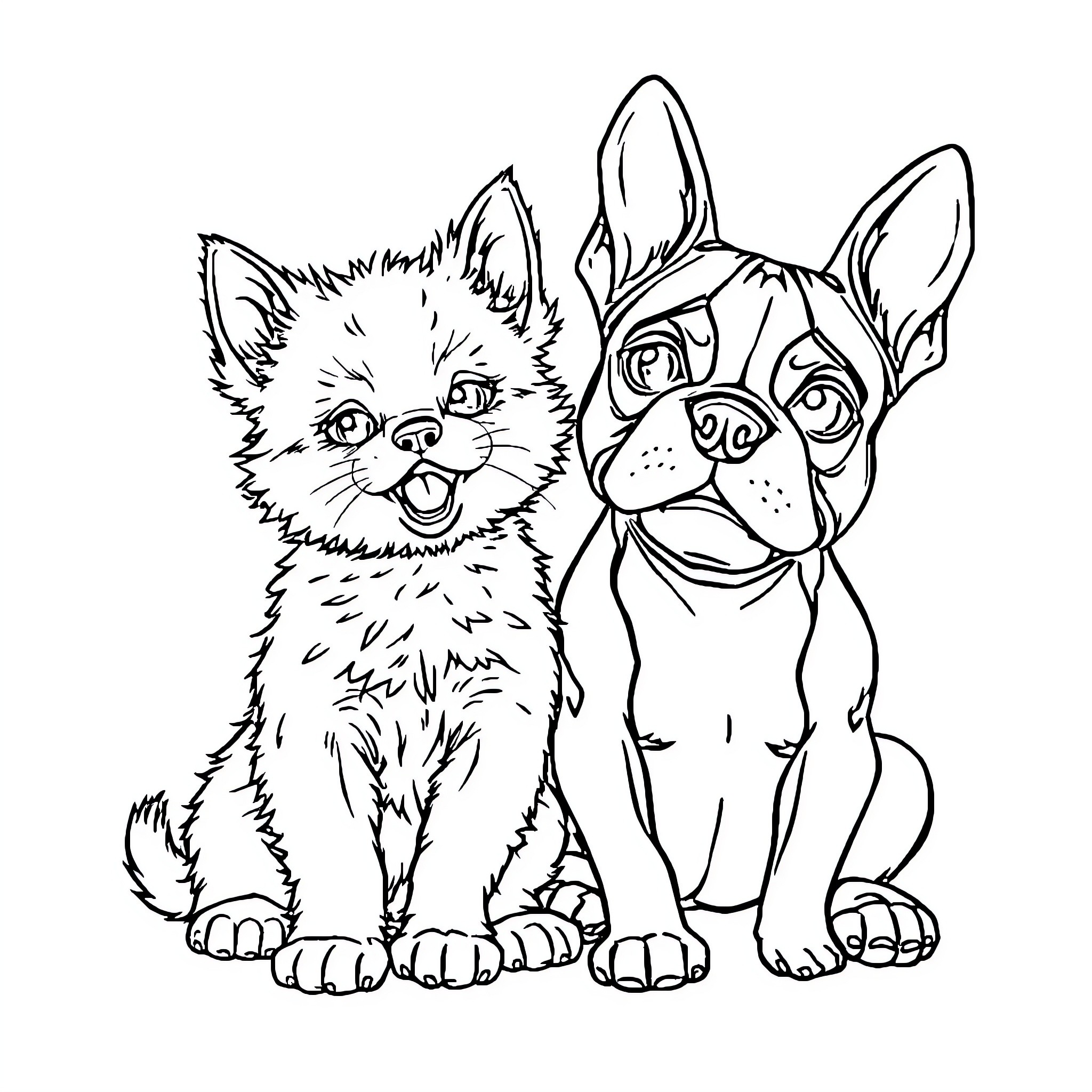 Kitten and puppy sharing a playful moment Coloring Page (free black-and-white line drawing printable PDF for all, from beginners to advanced learners, including children, teens, adults, and seniors)