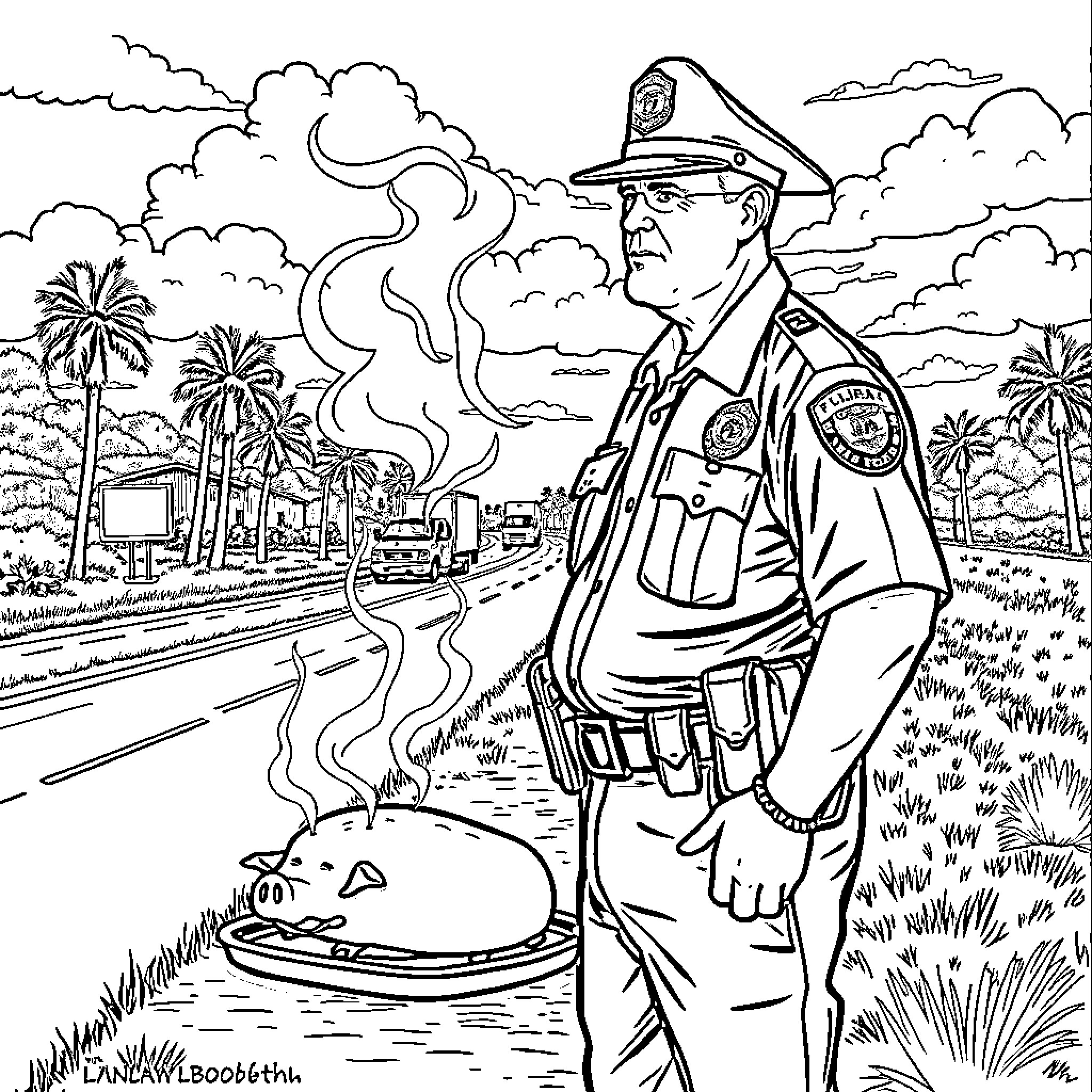 Trooper on duty in tropical landscape Coloring Page (free black-and-white line drawing printable PDF for all, from beginners to advanced learners, including children, teens, adults, and seniors)