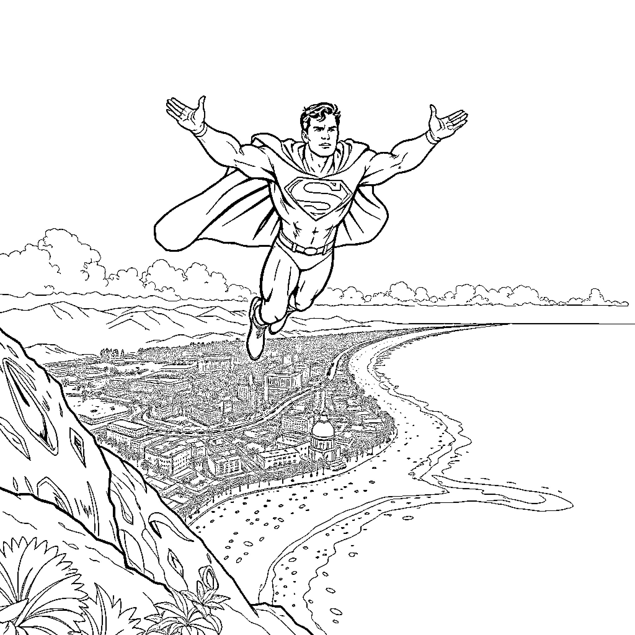 Superman soaring over the city in action Coloring Page (free black-and-white line drawing printable PDF for all, from beginners to advanced learners, including children, teens, adults, and seniors)