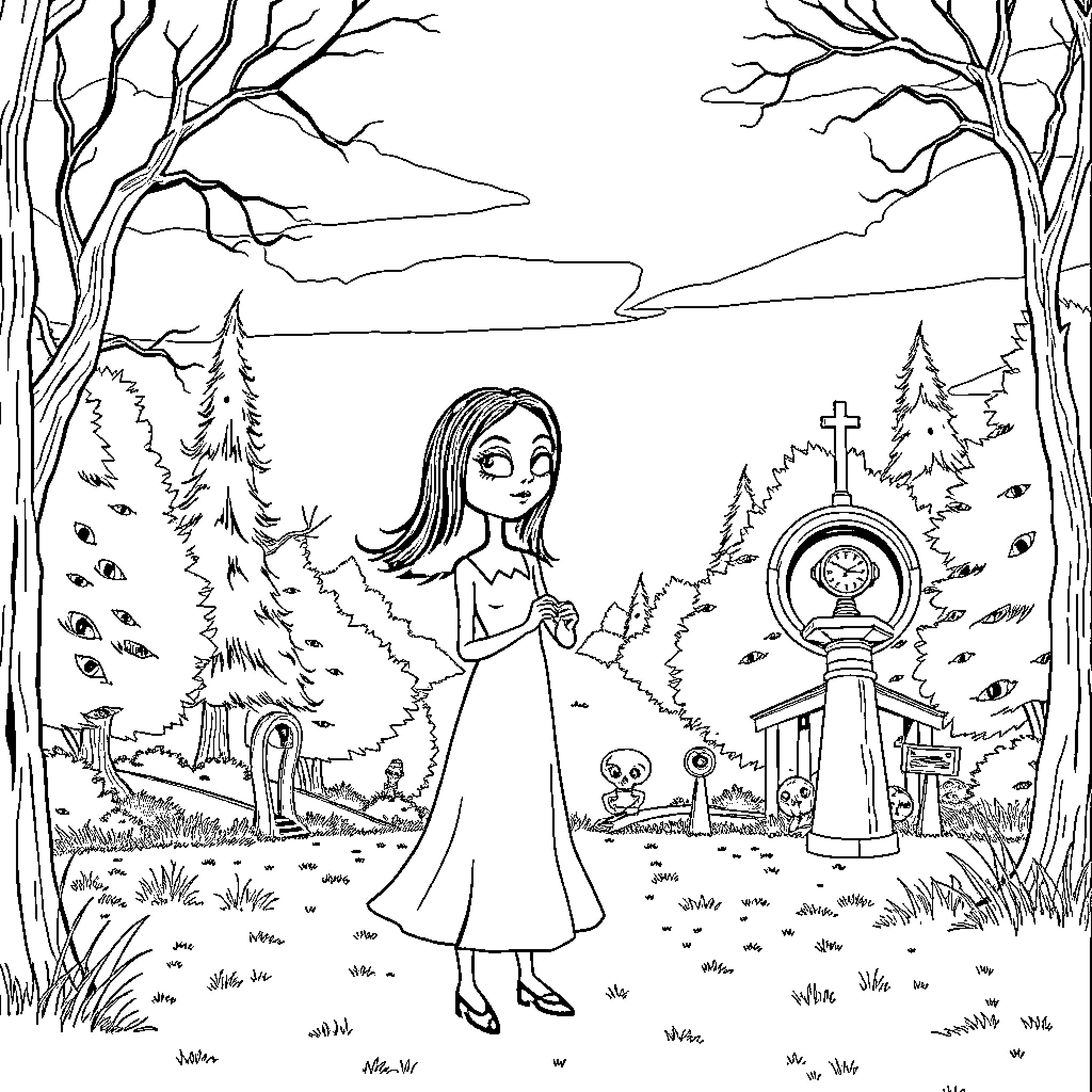 Wednesday girl walking in the forest near church Coloring Page (free black-and-white line drawing printable PDF for all, from beginners to advanced learners, including children, teens, adults, and seniors)