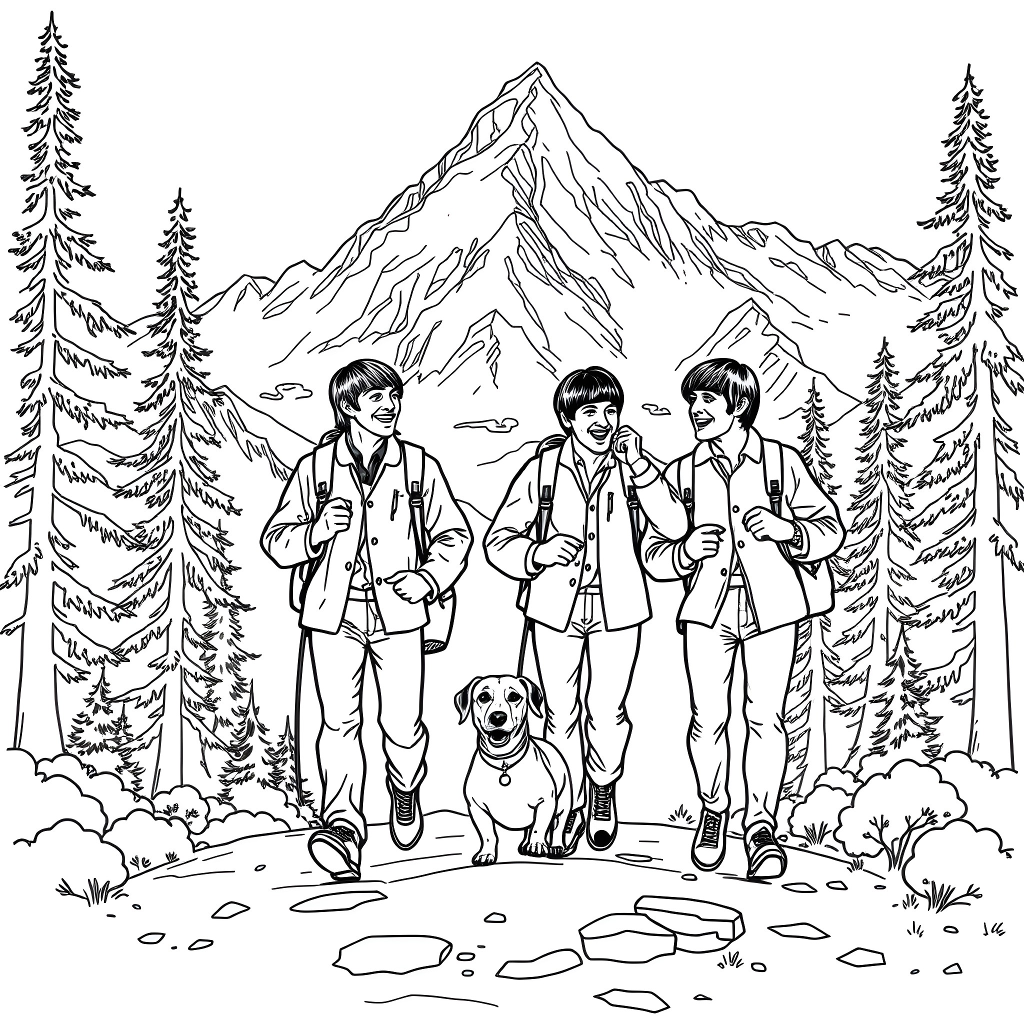 Beatles Hiking in the Mountainous Wilderness Coloring Page (free black-and-white line drawing printable PDF for all, from beginners to advanced learners, including children, teens, adults, and seniors)