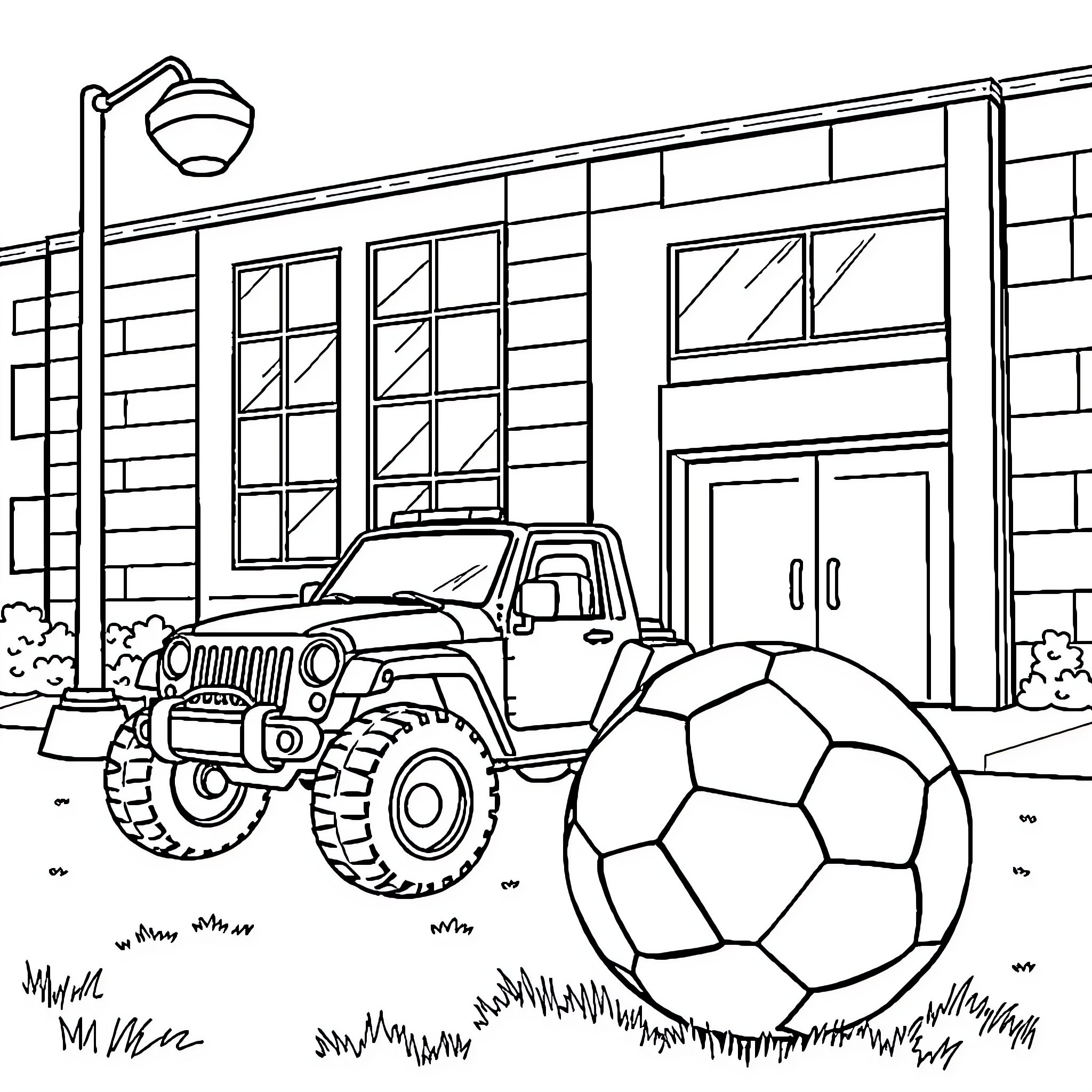 Toy Car Parked in Front of Building with Giant Soccer Ball Coloring Page (free black-and-white line drawing printable PDF for all, from beginners to advanced learners, including children, teens, adults, and seniors)