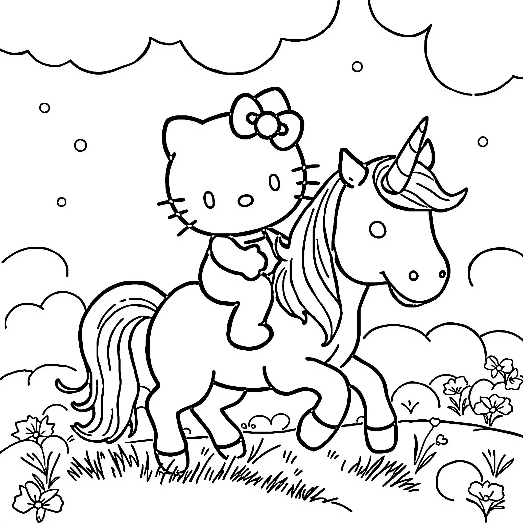 Hello Kitty riding a unicorn in a whimsical scene Coloring Page (free black-and-white line drawing printable PDF for all, from beginners to advanced learners, including children, teens, adults, and seniors)