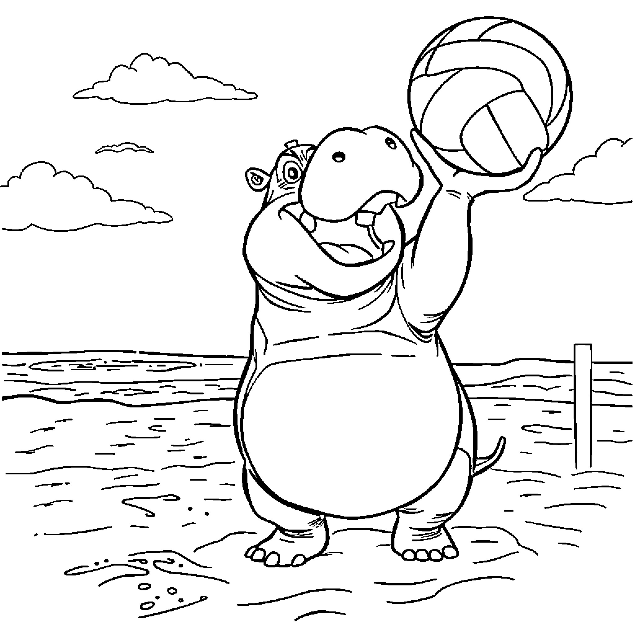 Hippo playing with beach ball by the sea Coloring Page (free black-and-white line drawing printable PDF for all, from beginners to advanced learners, including children, teens, adults, and seniors)