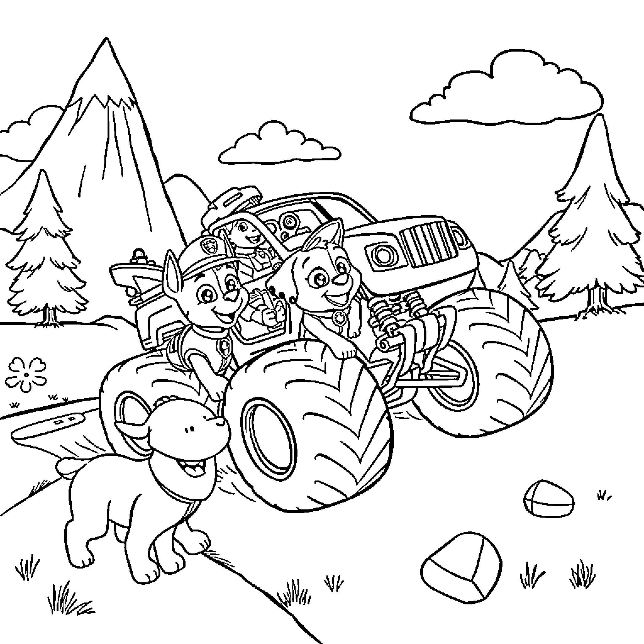 Paw Patrol characters exploring in a monster truck Coloring Page (free black-and-white line drawing printable PDF for all, from beginners to advanced learners, including children, teens, adults, and seniors)