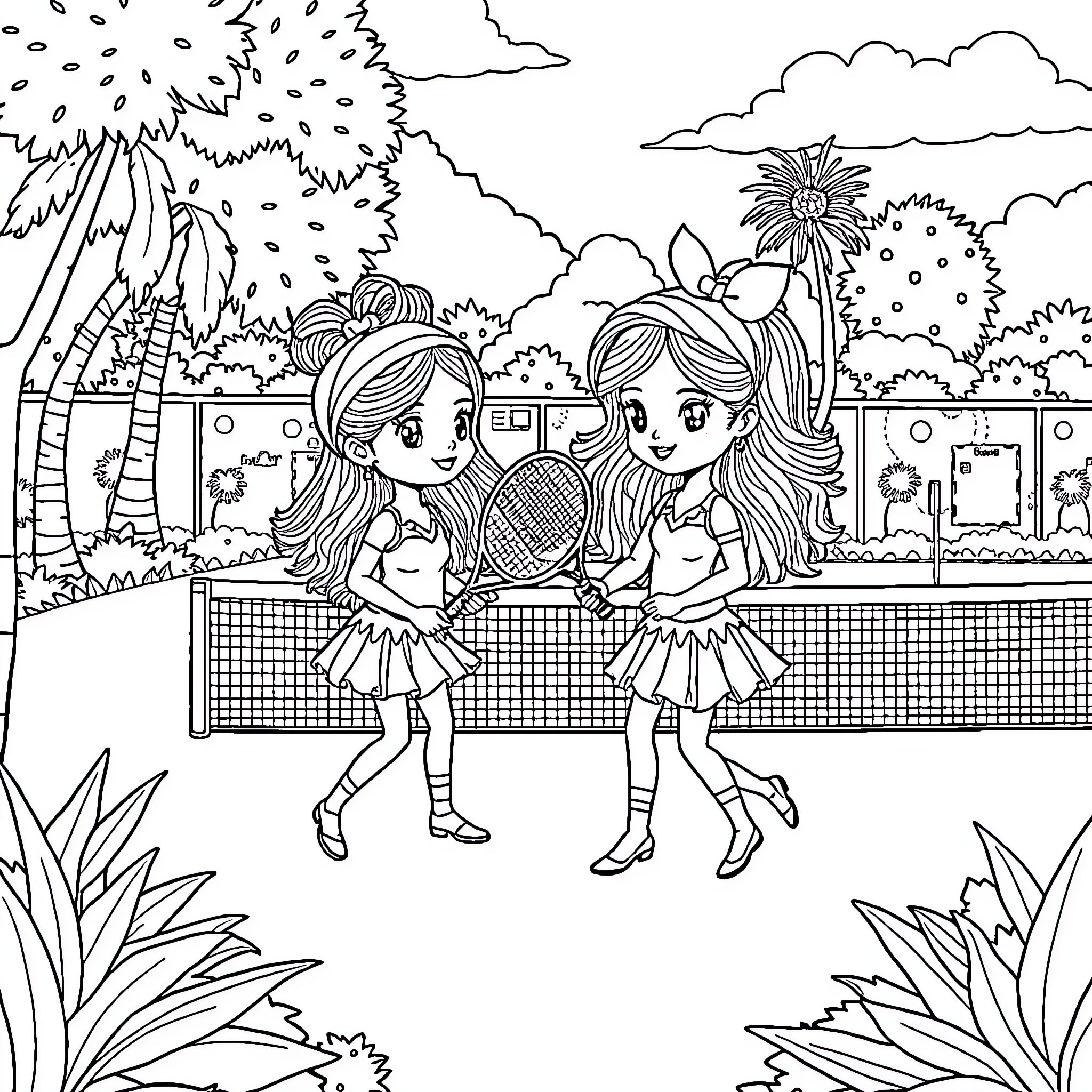 Labubu playing tennis with friends in the park Coloring Page (free black-and-white line drawing printable PDF for all, from beginners to advanced learners, including children, teens, adults, and seniors)