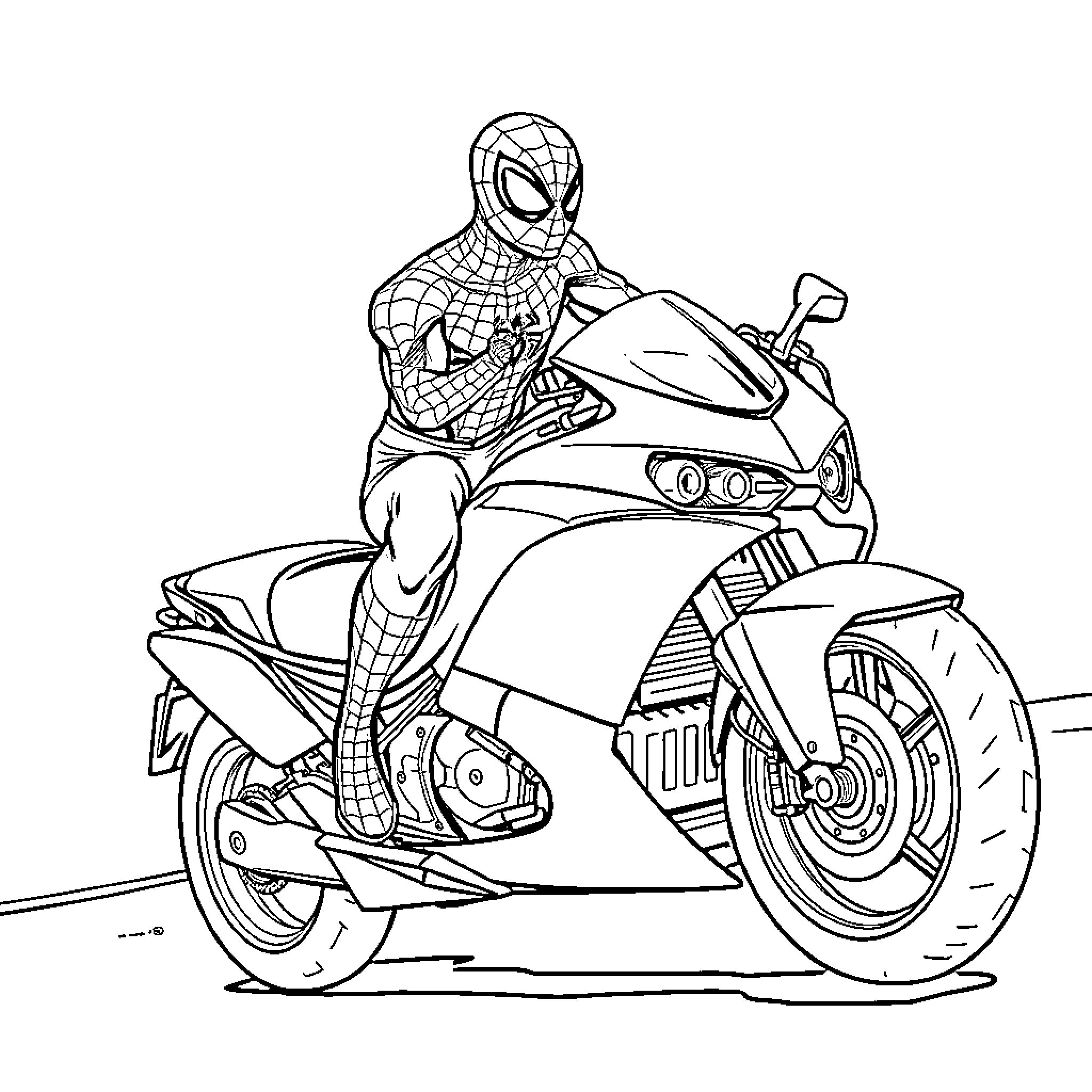 Spiderman riding a high-speed motorcycle Coloring Page (free black-and-white line drawing printable PDF for all, from beginners to advanced learners, including children, teens, adults, and seniors)