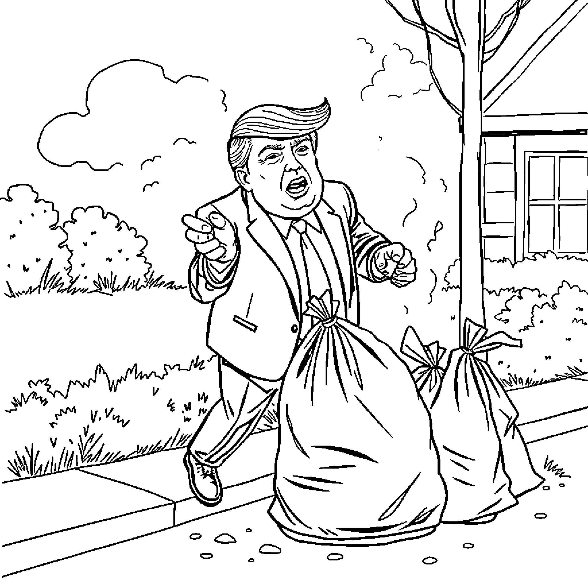 Trump angrily gesturing in outdoor setting Coloring Page (free black-and-white line drawing printable PDF for all, from beginners to advanced learners, including children, teens, adults, and seniors)
