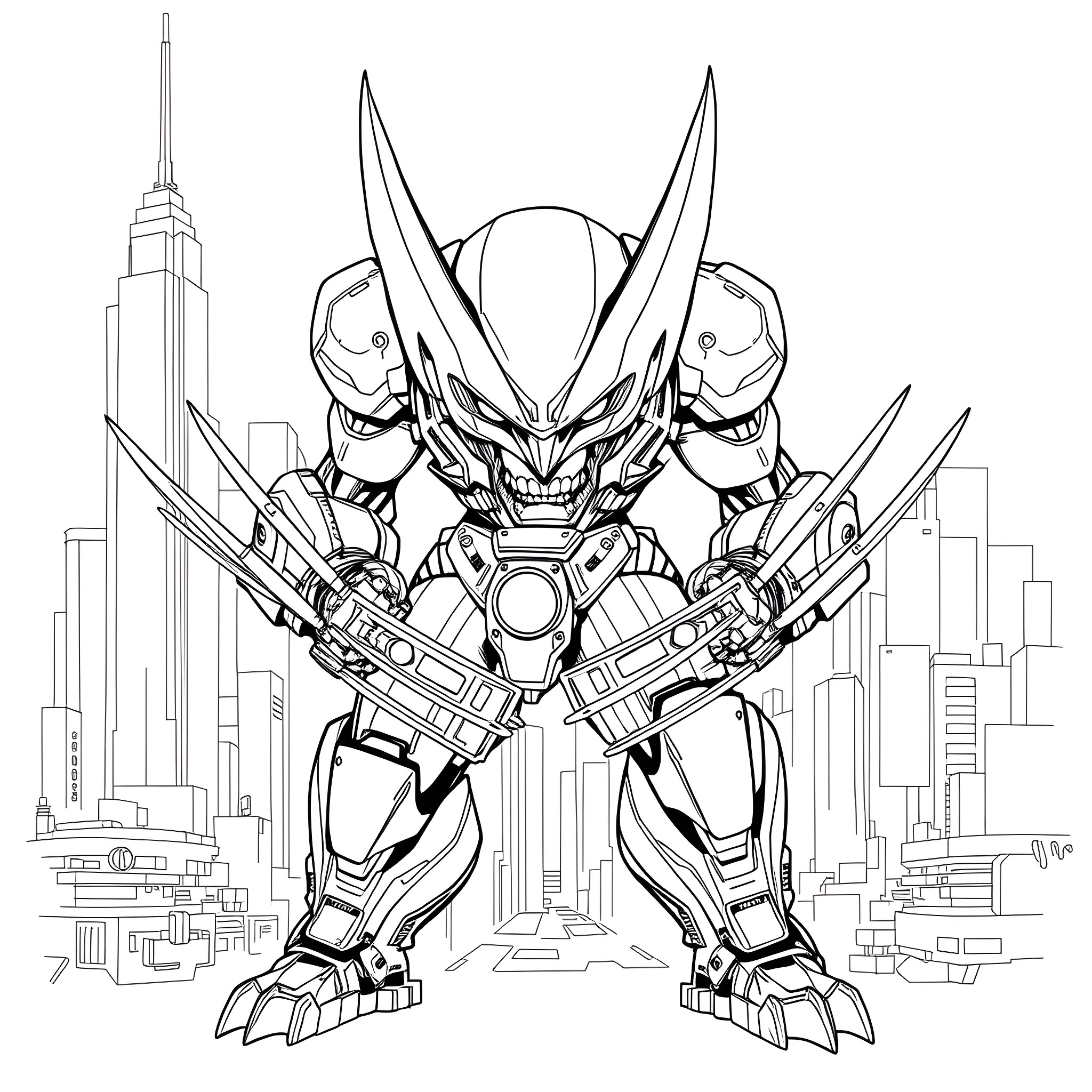 Mecha Wolverine in Action against a City Skyline Coloring Page (free black-and-white line drawing printable PDF for all, from beginners to advanced learners, including children, teens, adults, and seniors)