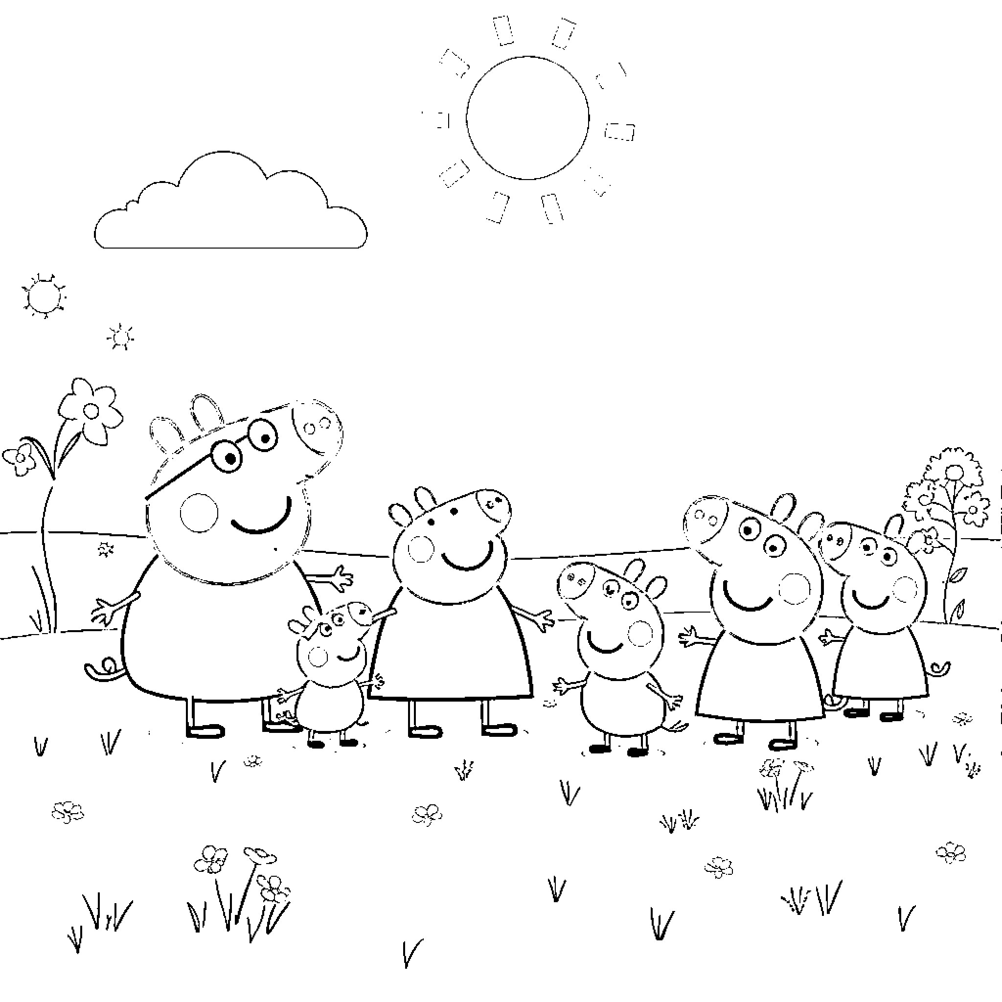 Peppa Pig and family enjoying a sunny day Coloring Page (free black-and-white line drawing printable PDF for all, from beginners to advanced learners, including children, teens, adults, and seniors)