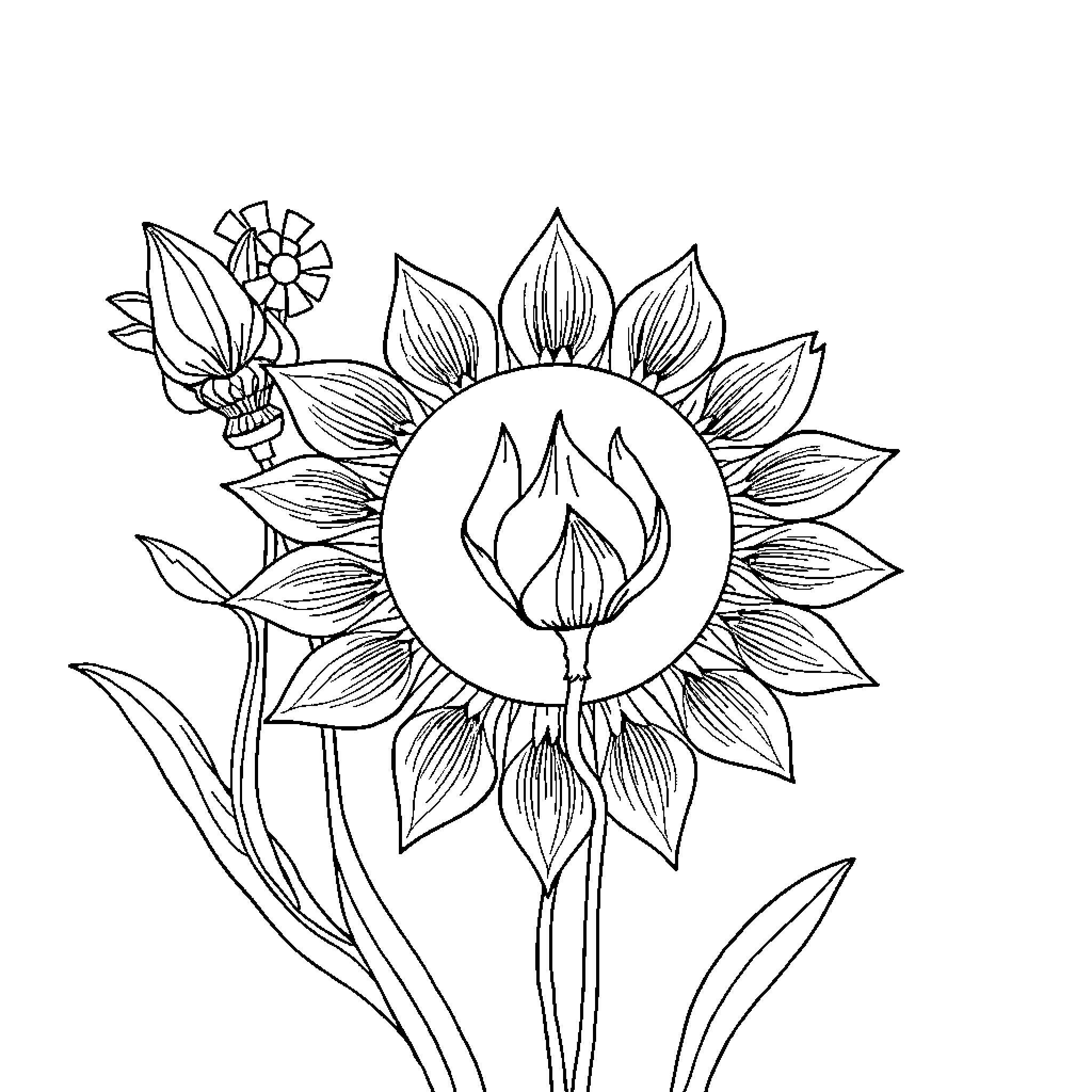 Child's Artistic Floral Illustration Coloring Page (free black-and-white line drawing printable PDF for all, from beginners to advanced learners, including children, teens, adults, and seniors)