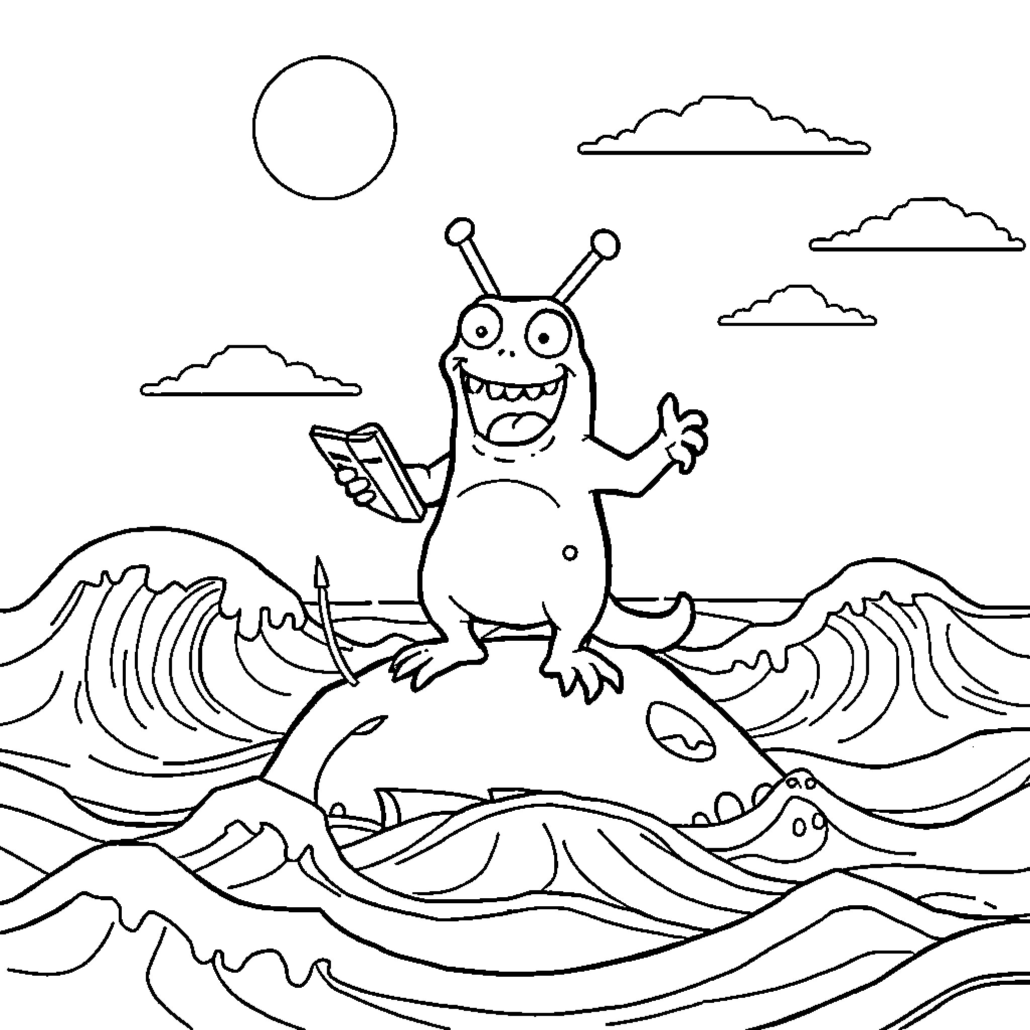 Monster Surfing Enthusiastically in the Ocean Coloring Page (free black-and-white line drawing printable PDF for all, from beginners to advanced learners, including children, teens, adults, and seniors)