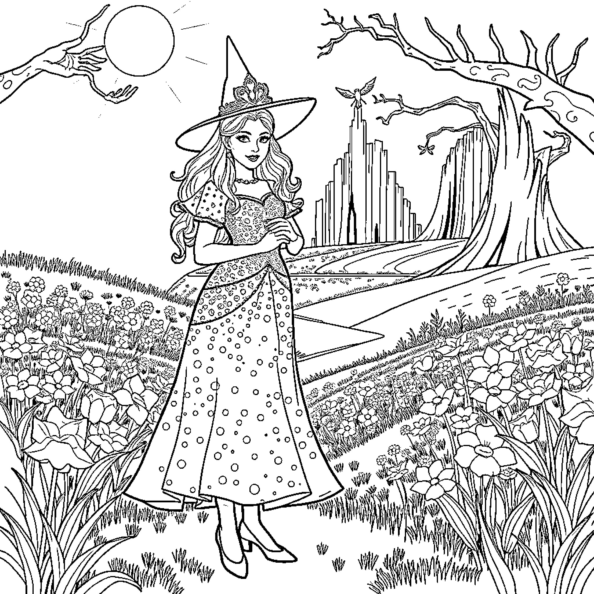 Glinda the Witch Exploring the Enchanted Landscape Coloring Page (free black-and-white line drawing printable PDF for all, from beginners to advanced learners, including children, teens, adults, and seniors)