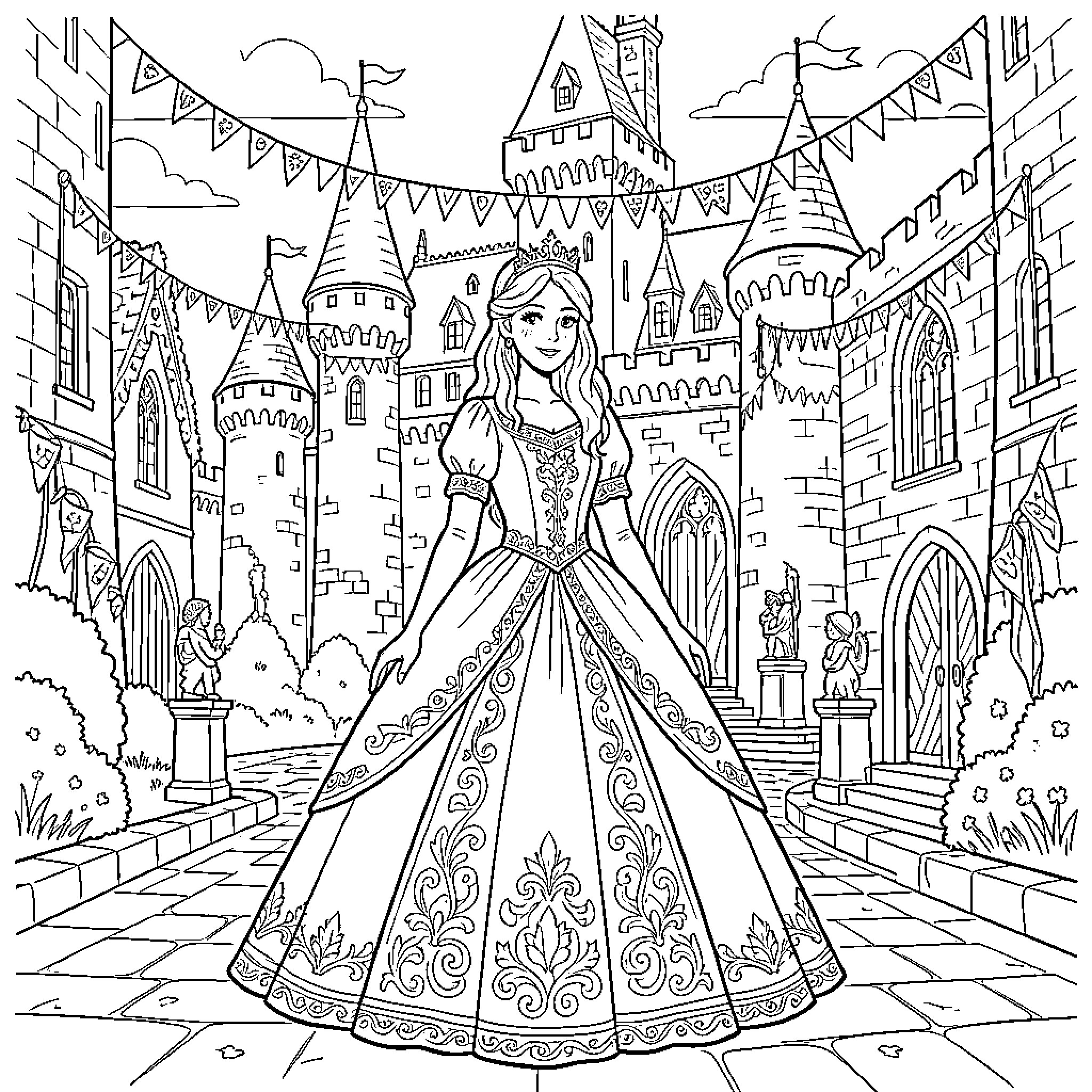Princess exploring a magical castle Coloring Page (free black-and-white line drawing printable PDF for all, from beginners to advanced learners, including children, teens, adults, and seniors)
