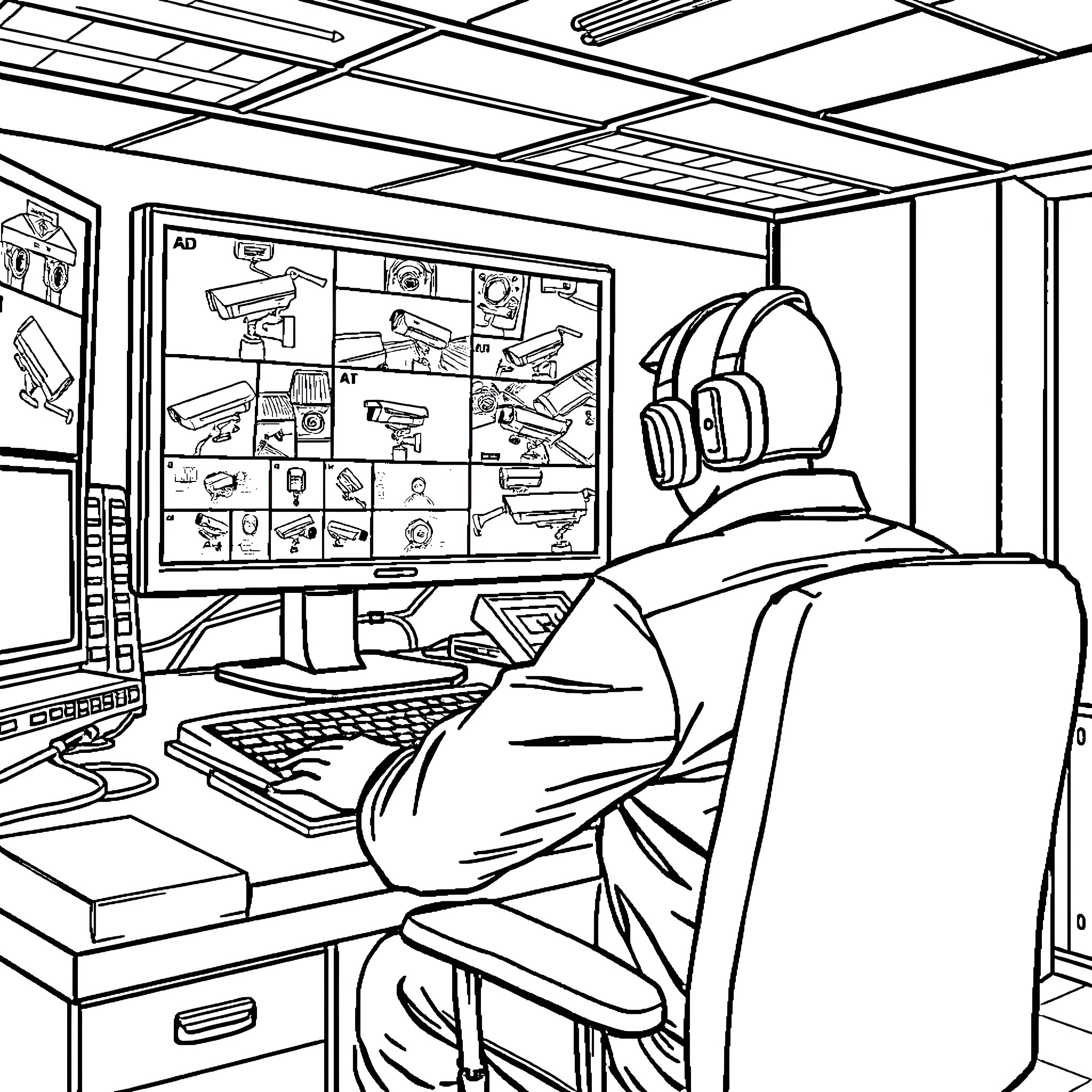 Security Operator Monitoring Surveillance Screens Coloring Page (free black-and-white line drawing printable PDF for all, from beginners to advanced learners, including children, teens, adults, and seniors)