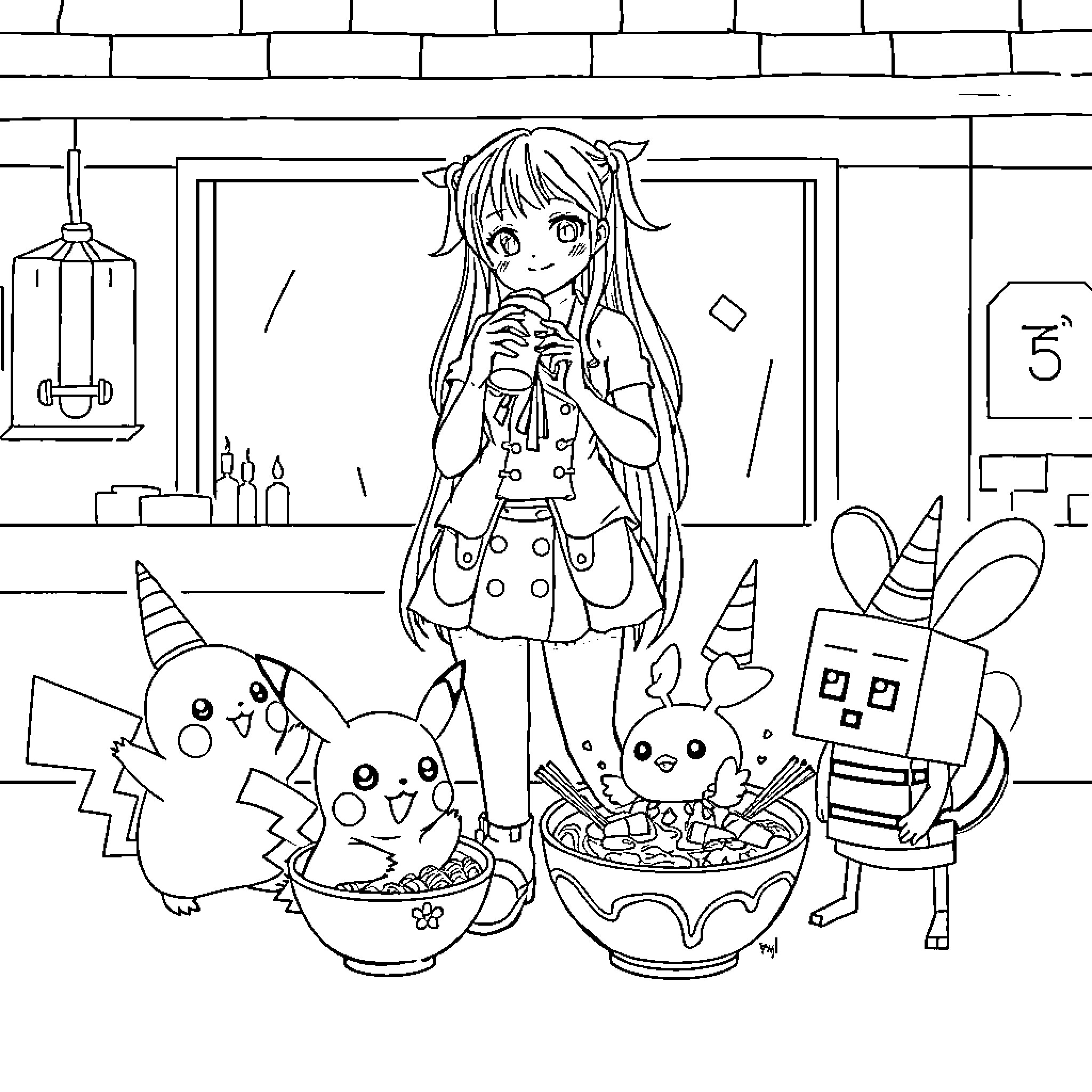 Rumi's Whimsical Anime Adventure with Pokémon Coloring Page (free black-and-white line drawing printable PDF for all, from beginners to advanced learners, including children, teens, adults, and seniors)