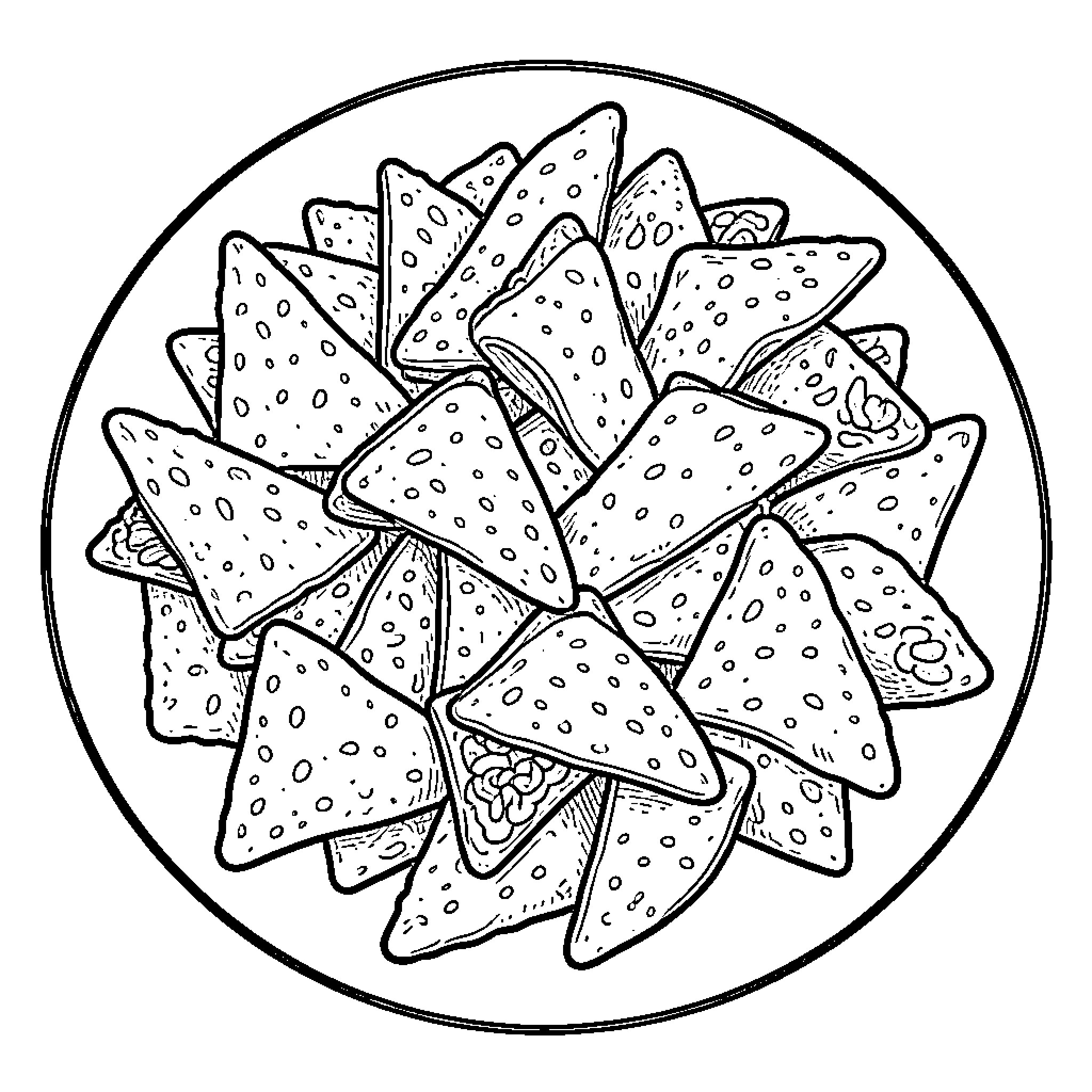 Takis chips piled high on a round plate Coloring Page (free black-and-white line drawing printable PDF for all, from beginners to advanced learners, including children, teens, adults, and seniors)