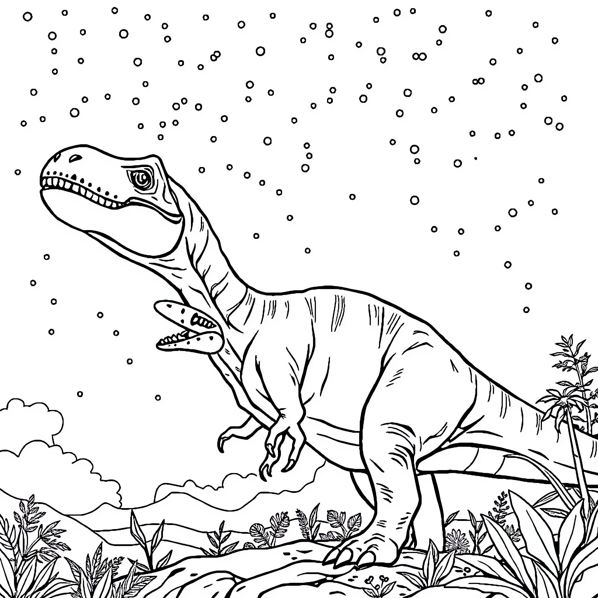 Dinosaur roaming the prehistoric landscape Coloring Page (free black-and-white line drawing printable PDF for all, from beginners to advanced learners, including children, teens, adults, and seniors)