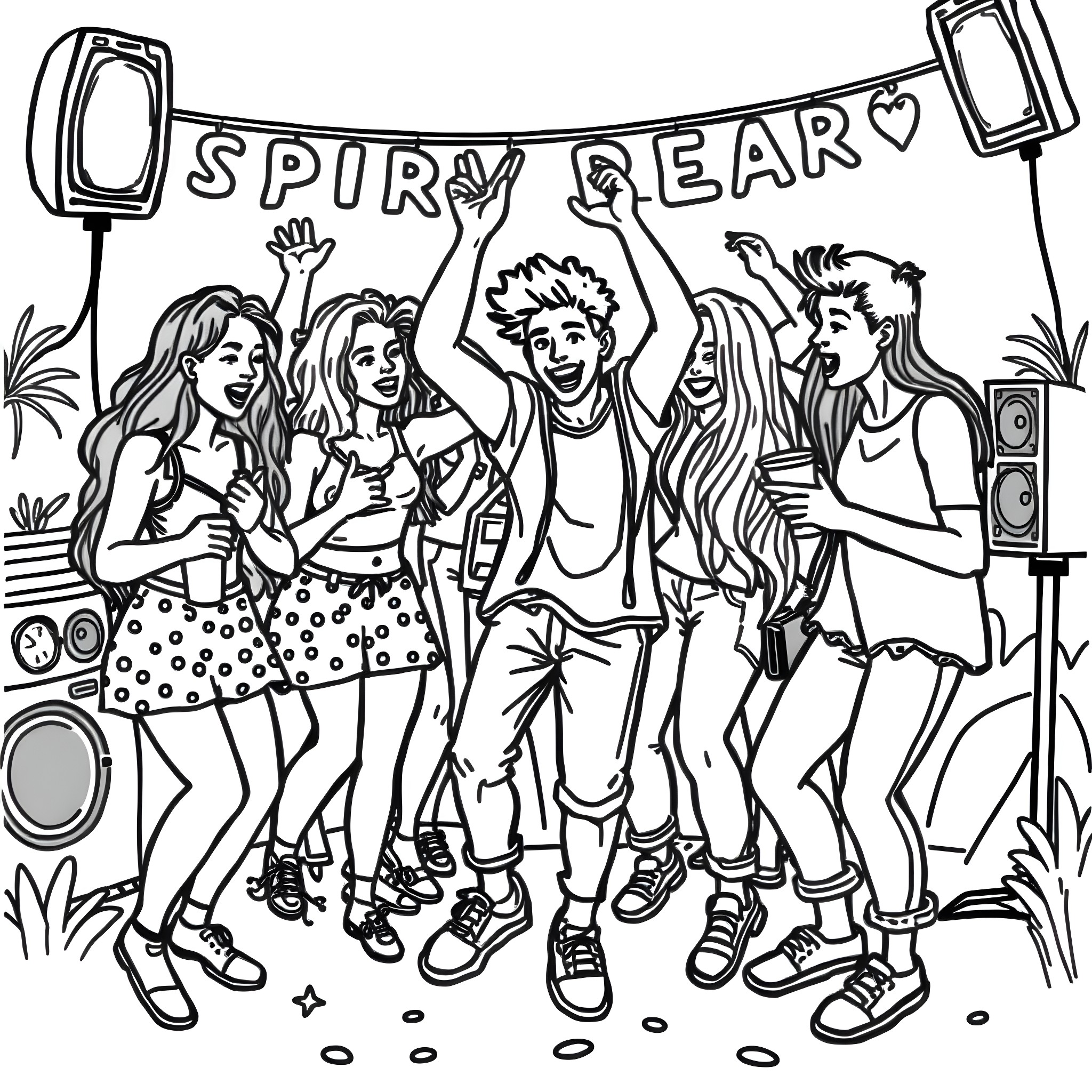 Party of friends celebrating and dancing Coloring Page (free black-and-white line drawing printable PDF for all, from beginners to advanced learners, including children, teens, adults, and seniors)