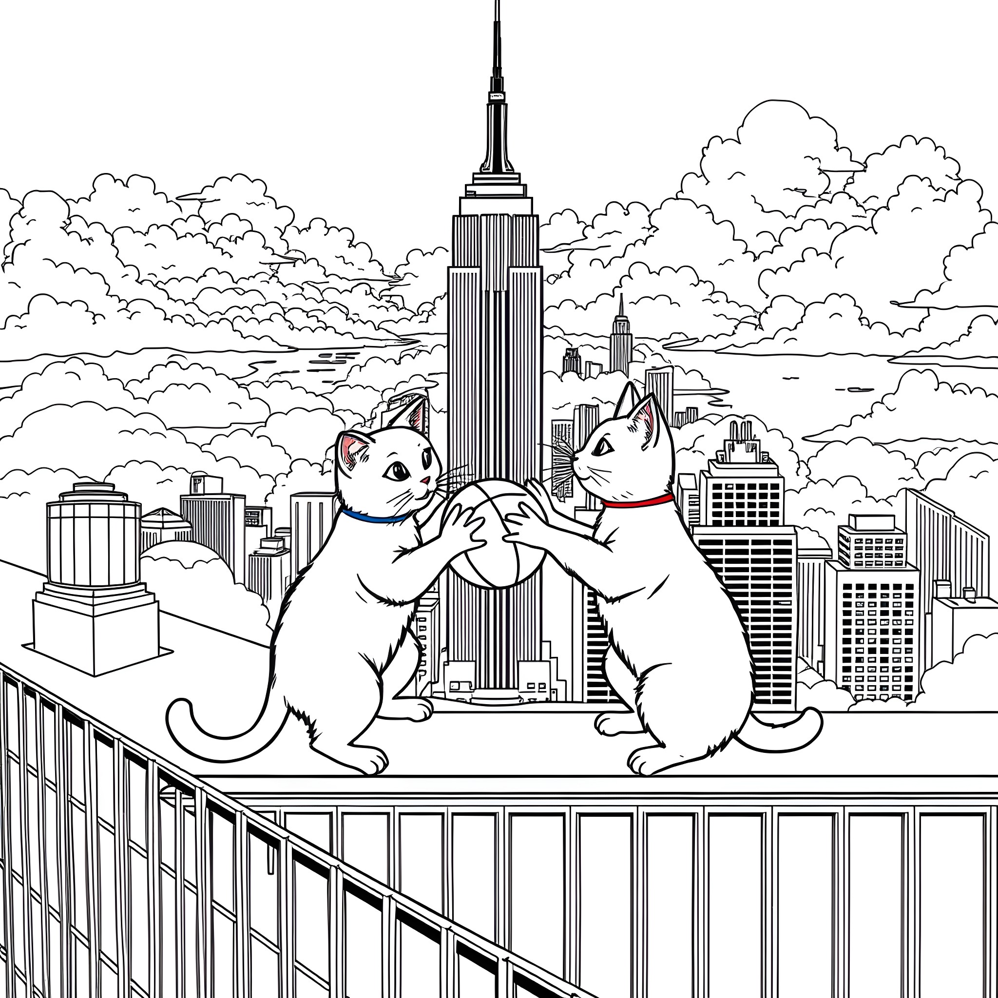 Cats enjoying the city skyline Coloring Page (free black-and-white line drawing printable PDF for all, from beginners to advanced learners, including children, teens, adults, and seniors)