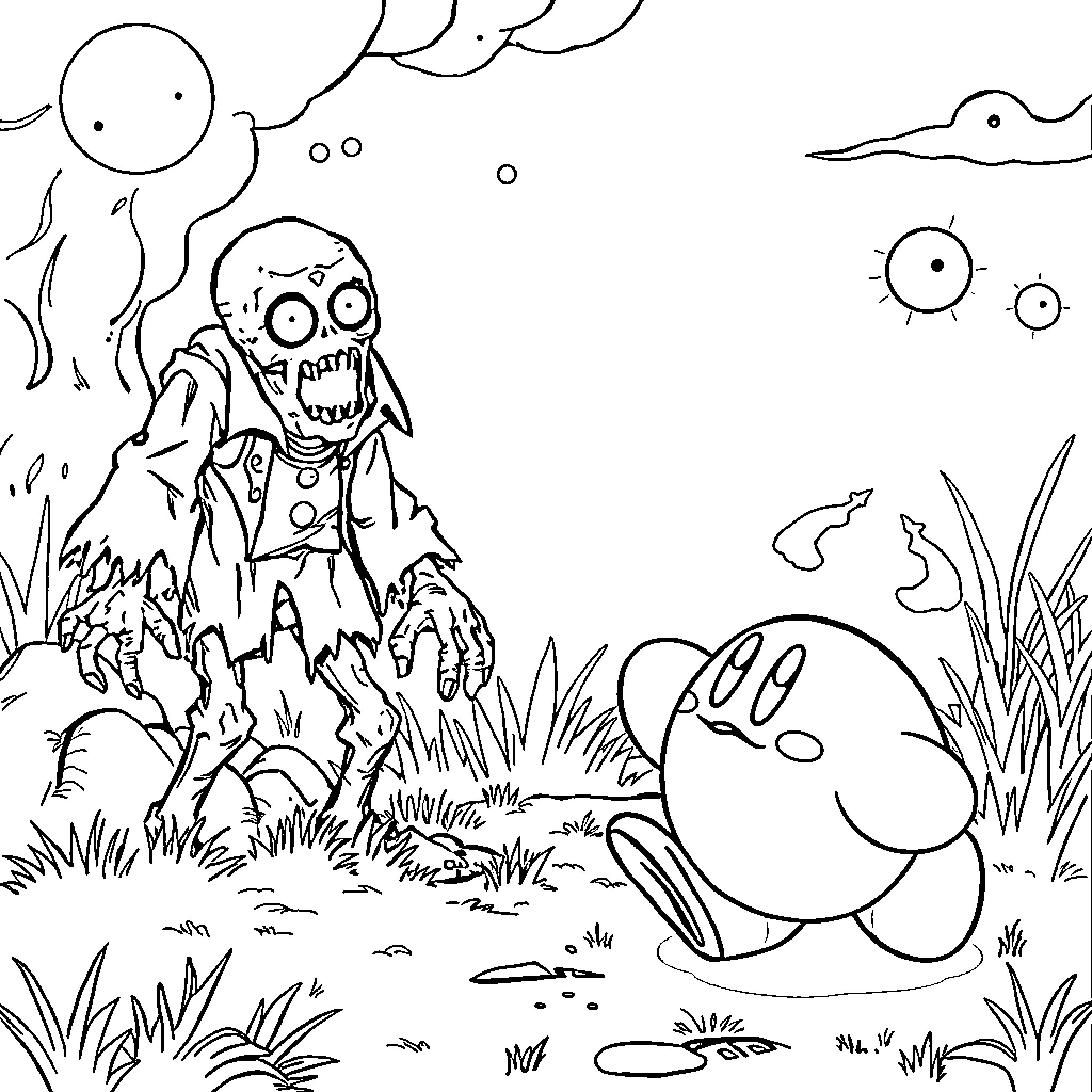 Kirby encounters a spooky zombie in the grasslands Coloring Page (free black-and-white line drawing printable PDF for all, from beginners to advanced learners, including children, teens, adults, and seniors)