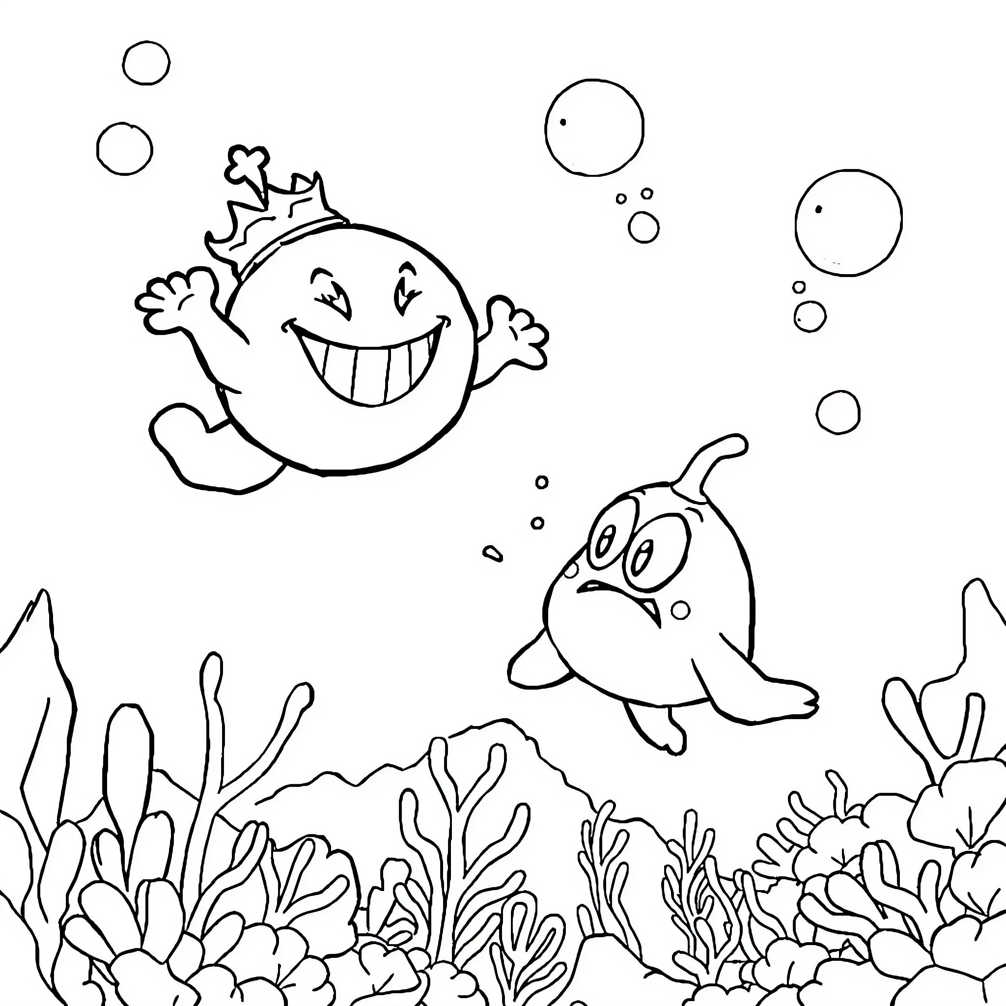 King Boo having fun in the underwater coral reef Coloring Page (free black-and-white line drawing printable PDF for all, from beginners to advanced learners, including children, teens, adults, and seniors)