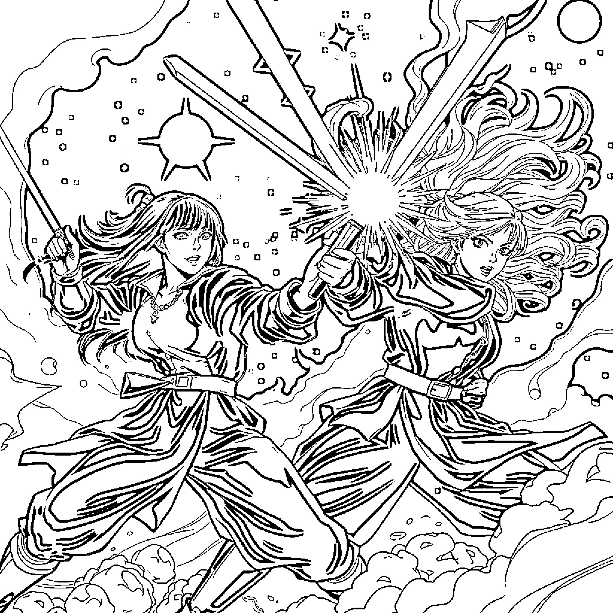 K Pop Warrior Princesses in Cosmic Battle Coloring Page (free black-and-white line drawing printable PDF for all, from beginners to advanced learners, including children, teens, adults, and seniors)