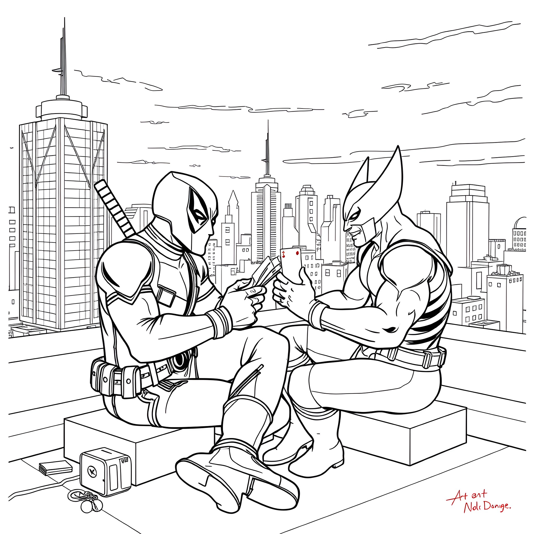 Deadpool and Wolverine bonding in the city Coloring Page (free black-and-white line drawing printable PDF for all, from beginners to advanced learners, including children, teens, adults, and seniors)