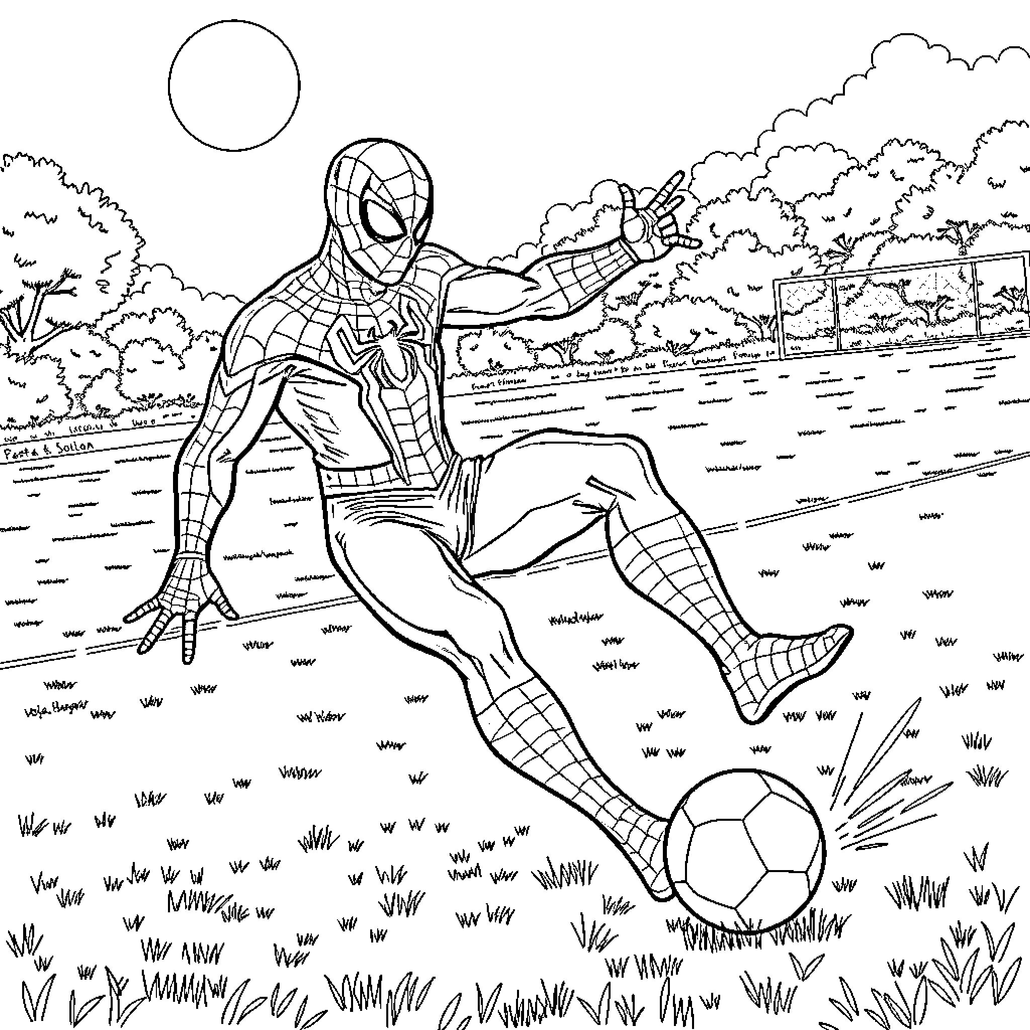 Spiderman playing soccer in the park Coloring Page (free black-and-white line drawing printable PDF for all, from beginners to advanced learners, including children, teens, adults, and seniors)
